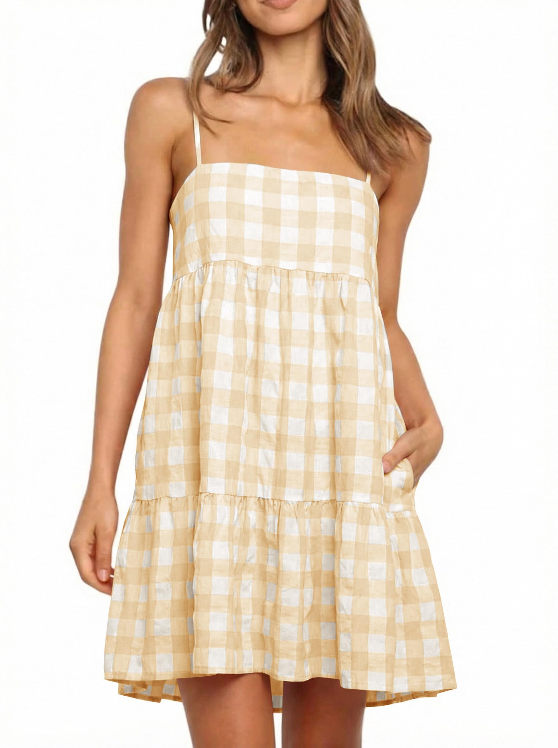 Wenrine Womens Summer Plaid Mini Dress Spaghetti Strap Beach Sundress Global Recycled Standard Global Recycled Standard Global Recycled Standard