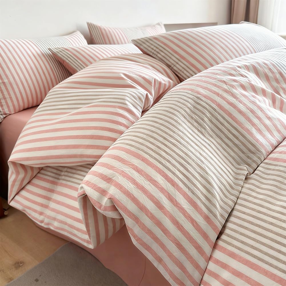 Bettwäsche 135x200 Baumwolle Rosa Grau Gestreift und Kissenbezug 80x80cm