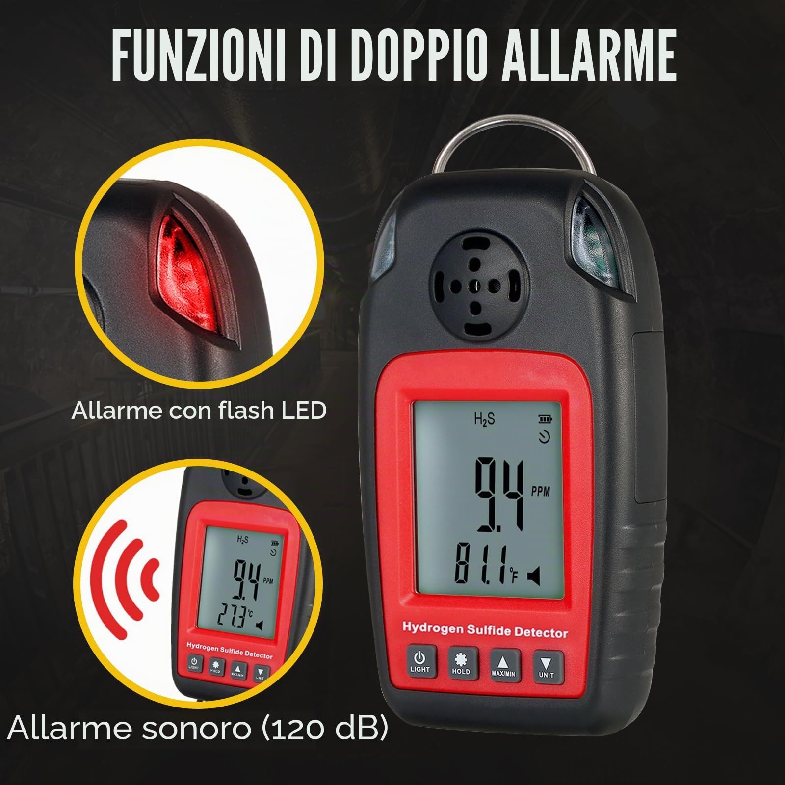 Rilevatore di acido solfidrico Rilevatori di gas e allarmi Elettrochimici H2S H₂S Monitor Misuratore Sensore di avvelenamento Allarme Schermo LCD Retroilluminazione