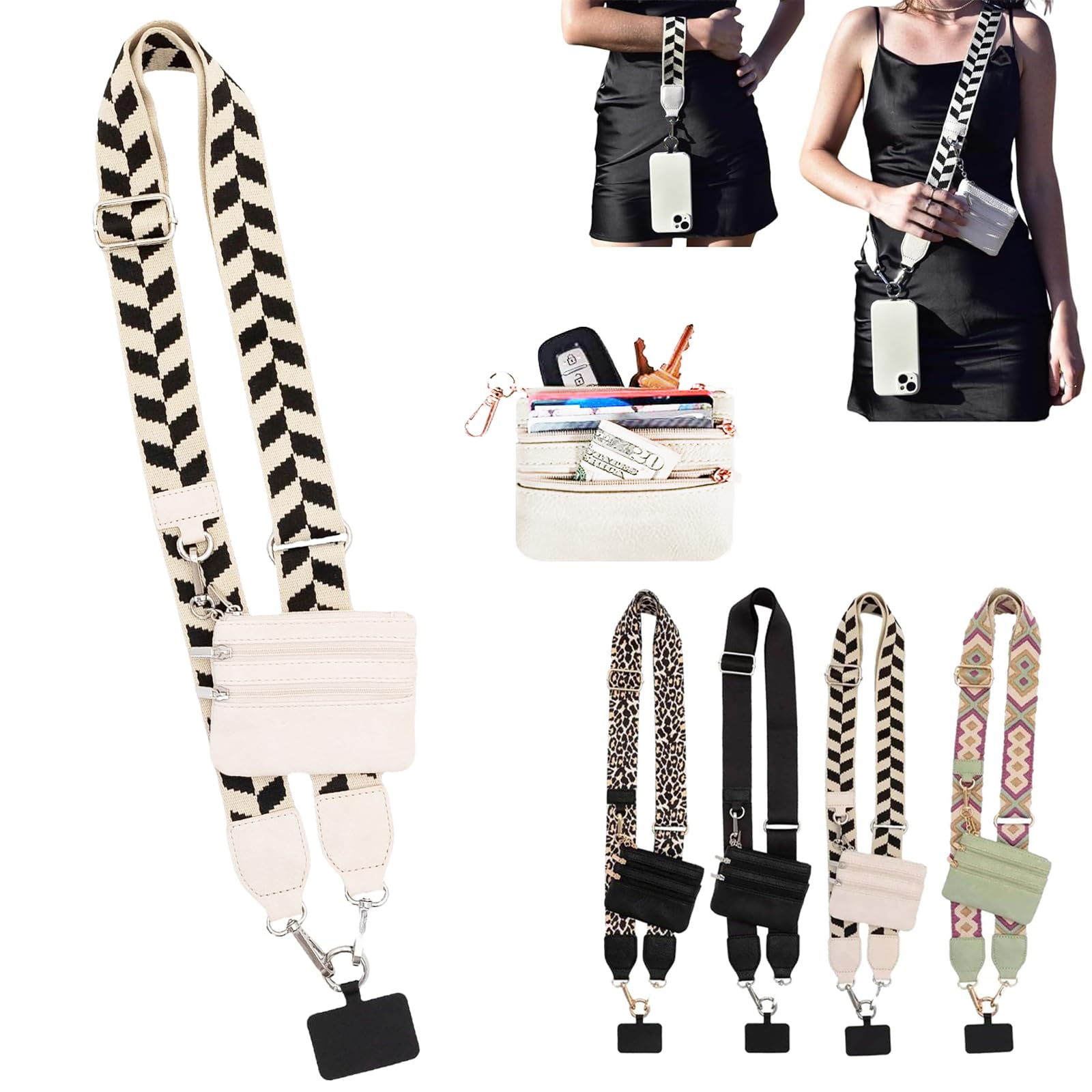 Dumwick Clip and Go Strap for Phone with Wallet Crossbody,Phone Strap with Zippered Pouch,Adjustable Phone Lanyard Crossbody (White)