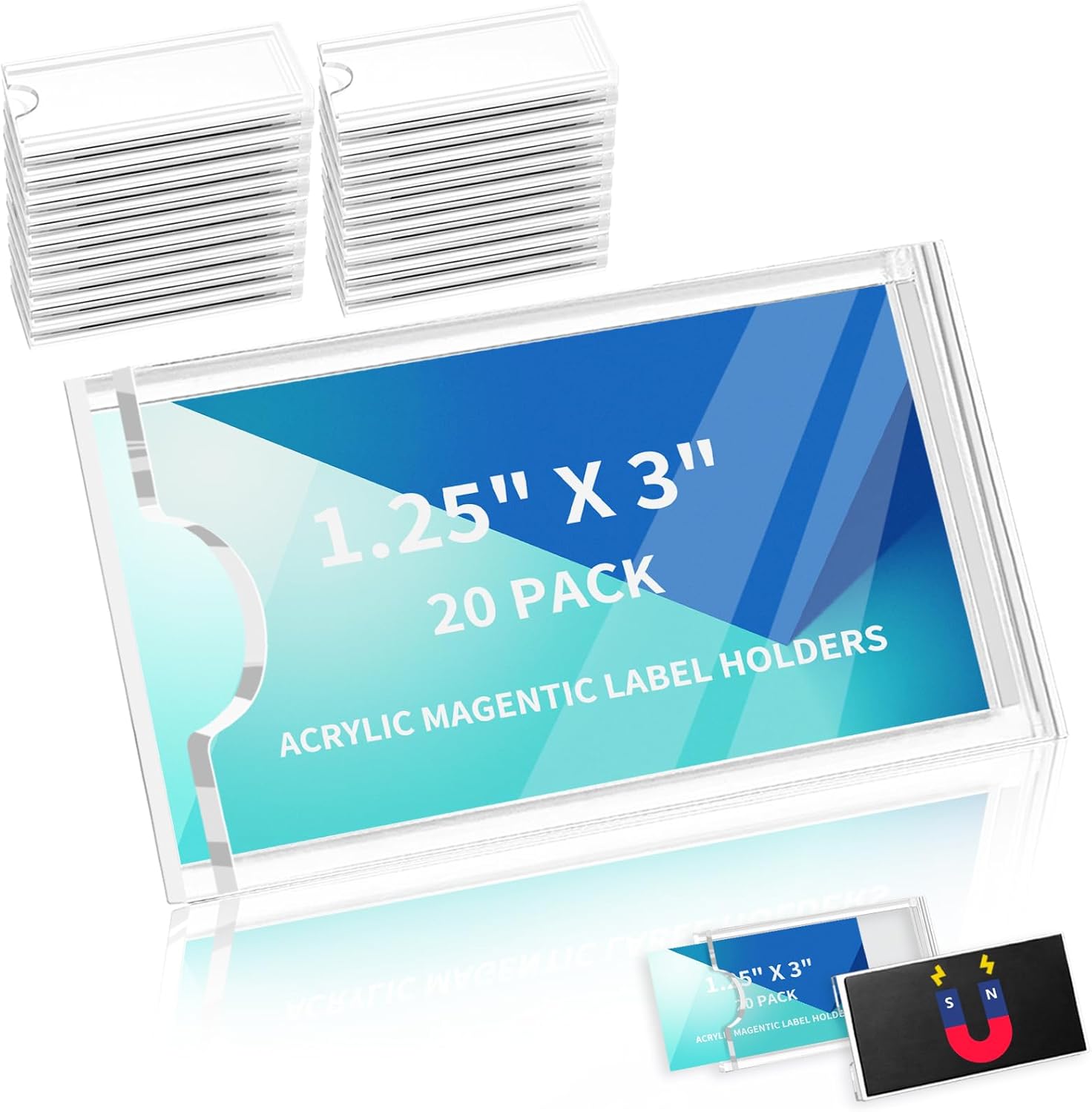 20 Pcs Magnetic Acrylic Label Holder Clear Shelf Tag Label Holders Price Tag Holder for Warehouse Supermarket Library Bookshelves Marking Compatible with 1-1/4in Metal Shelves (1.25×3 in)