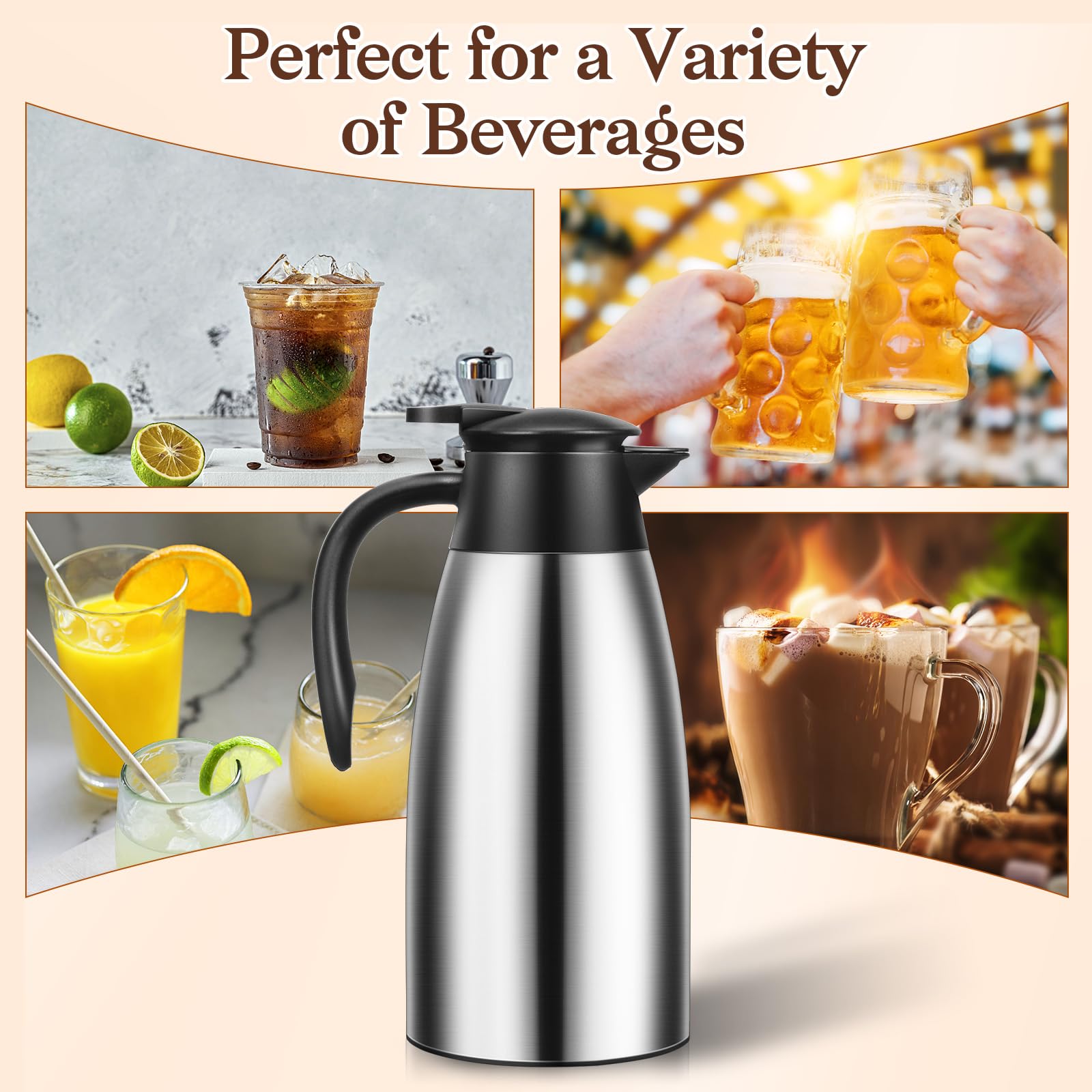 Jarra térmica de café de 68 onzas, jarra de café aislada de acero inoxidable de doble pared al vacío con cepillos, termo de café para mantener el té caliente en casa y la oficina (2 unidades,