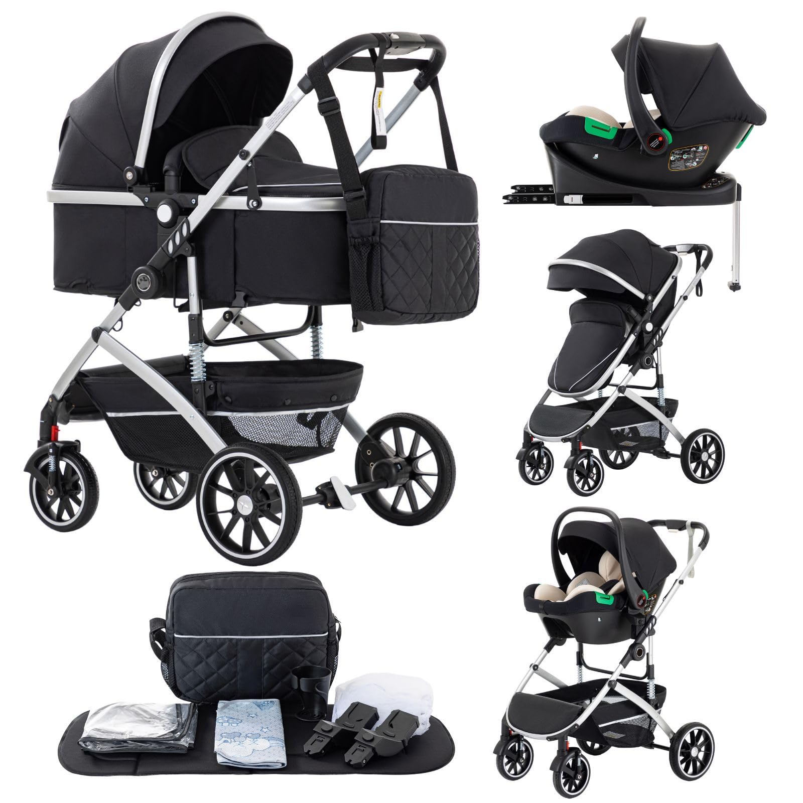 Cochecito De Bebé 3 En 1 Con Base Isofix-22KG,Negro | Cochecito Bebe Plegable En Un Clic, Cochecito Bebe 3 Piezas Con Ruedas Delanteras Bloqueables-Para Bebés De 0-4 Años