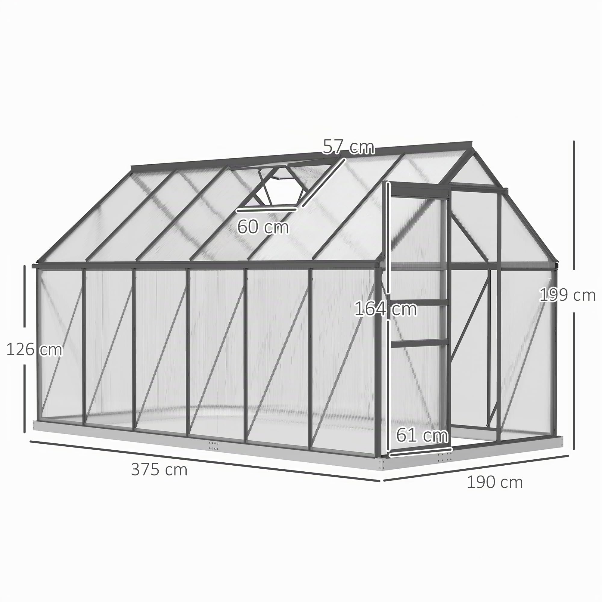 Outsunny Serre de Jardin 7 m² avec Fondation 190 x 375 x 199 cm Gris Foncé | en Aluminium Polycarbonate, Fenêtre Réglable, Porte Coulissante, Abri Extérieur Résistant aux Intempéries