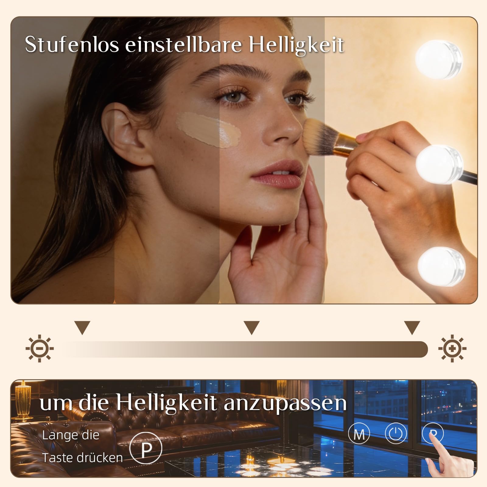 Lusterko do makijażu z oświetleniem, 80 x 60 cm, lusterko kosmetyczne z 18 diodami LED do makijażu, lustro Hollywood Vanity Mirror Touch, sterowanie 3 kolorami światła, USB, w zestawie 10