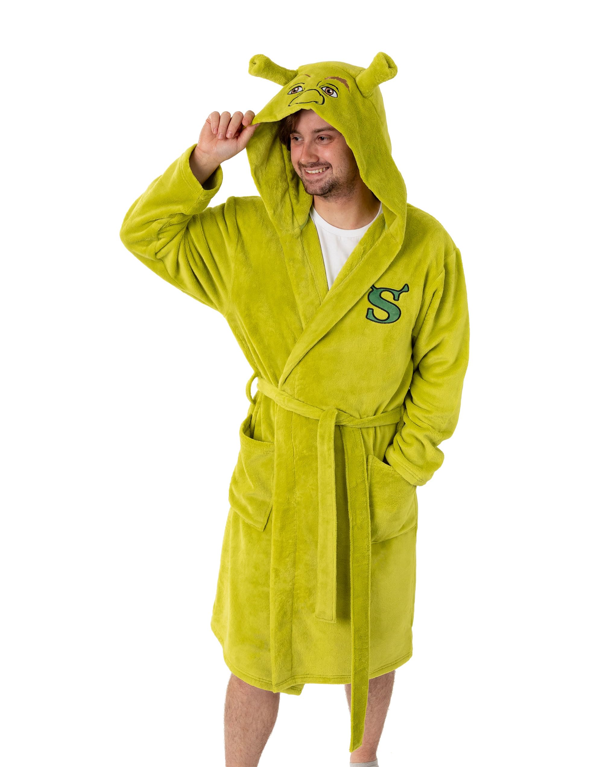 Shrek Green Hooded Bathrobe | Unisex Adults Cosy Fleece Loungewear with 3D Ears on Hood | S Initial Design | Perfect for Relaxing at Home or Movie Nights Merch - Small