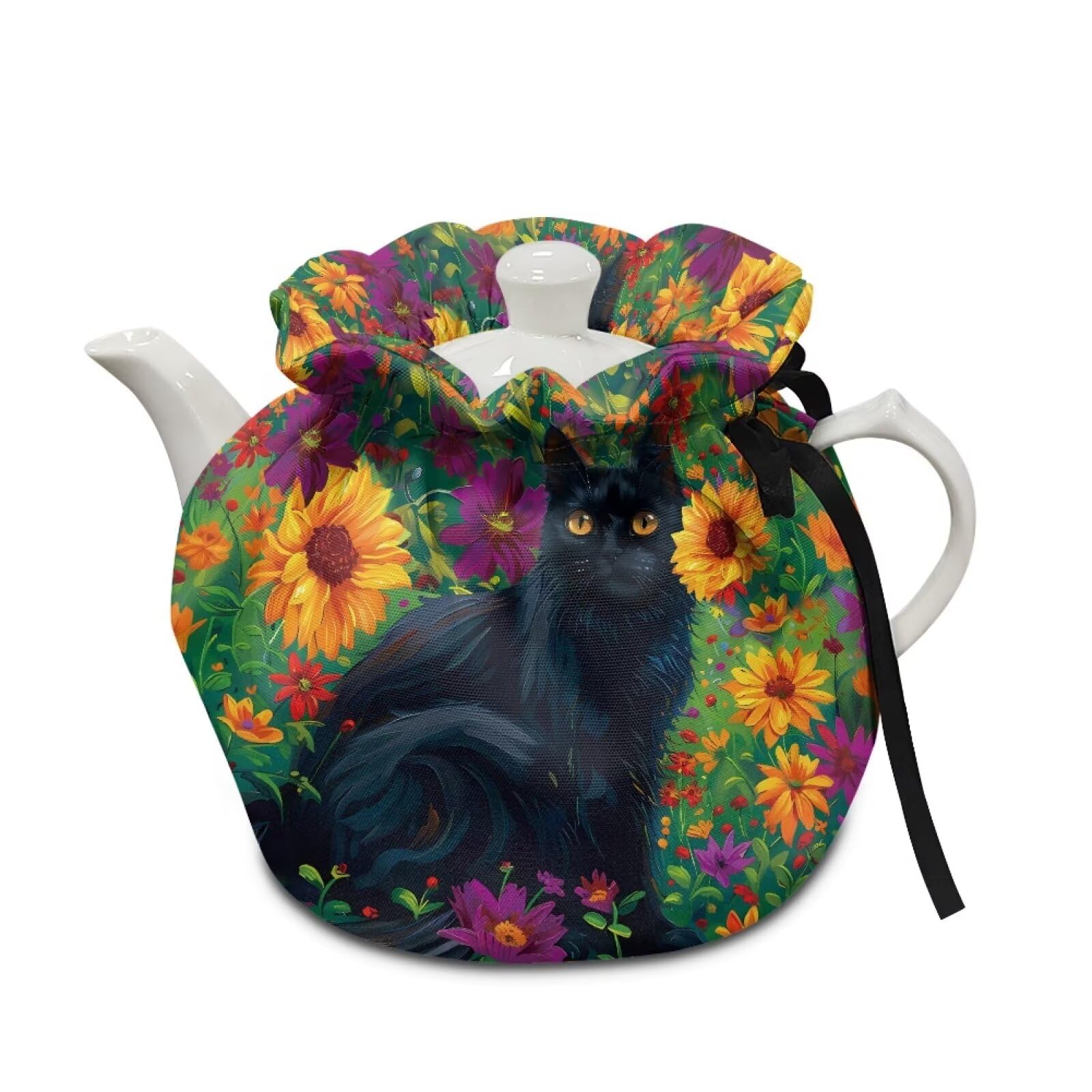Xoenoiee Black Cat Colorful Floral Print Tea Cozy Cotton Tea Cosy for Teapots Keep Warm Teapot Cover Insulated Kettle Cover for Home Kitchen Table Decor