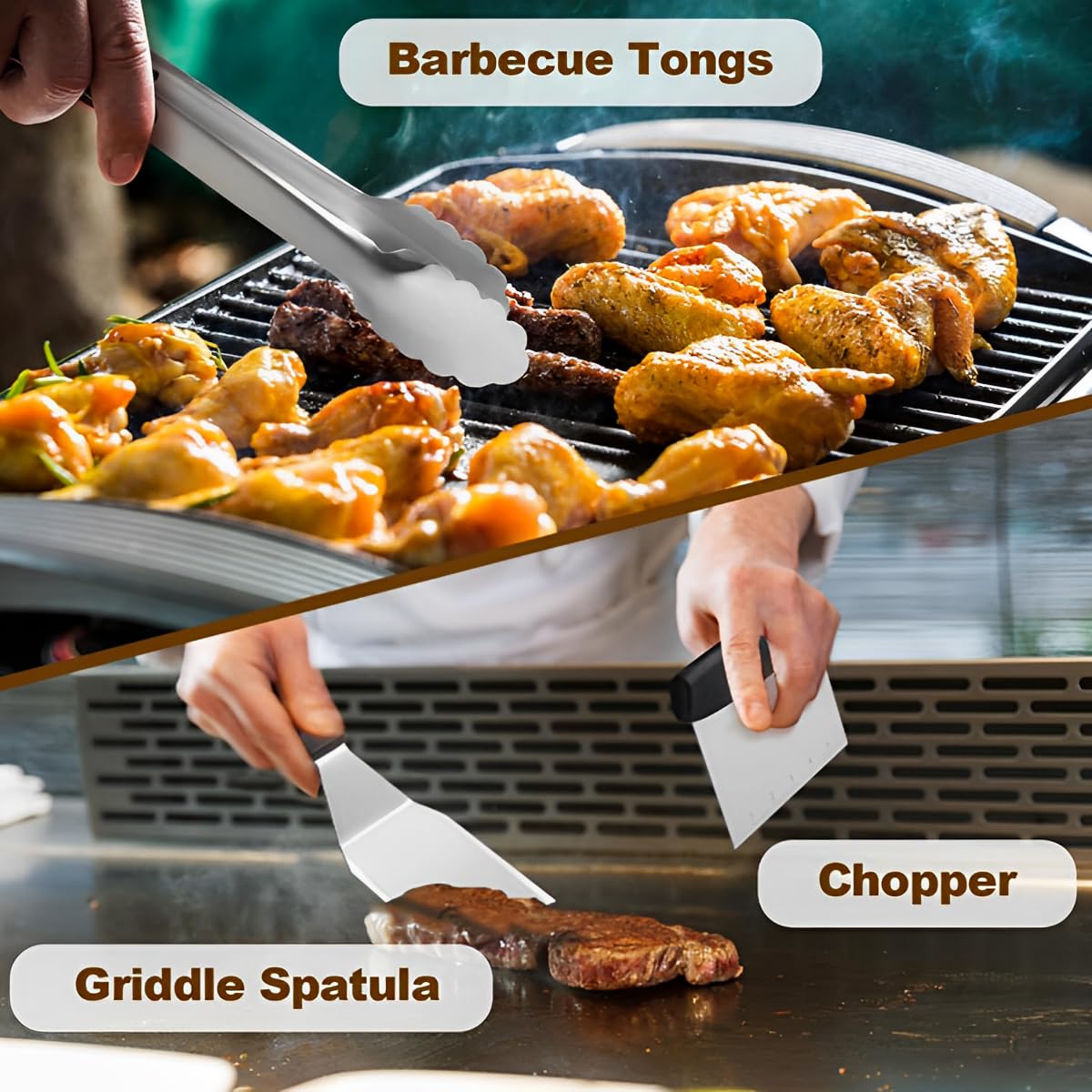 Kit di accessori per piastra da 137 pezzi, in acciaio inox, utensili per barbecue per griglia piatta, piastra e cottura all'aperto, include pressa per hamburger, spatole per grill, cupola, pinze e