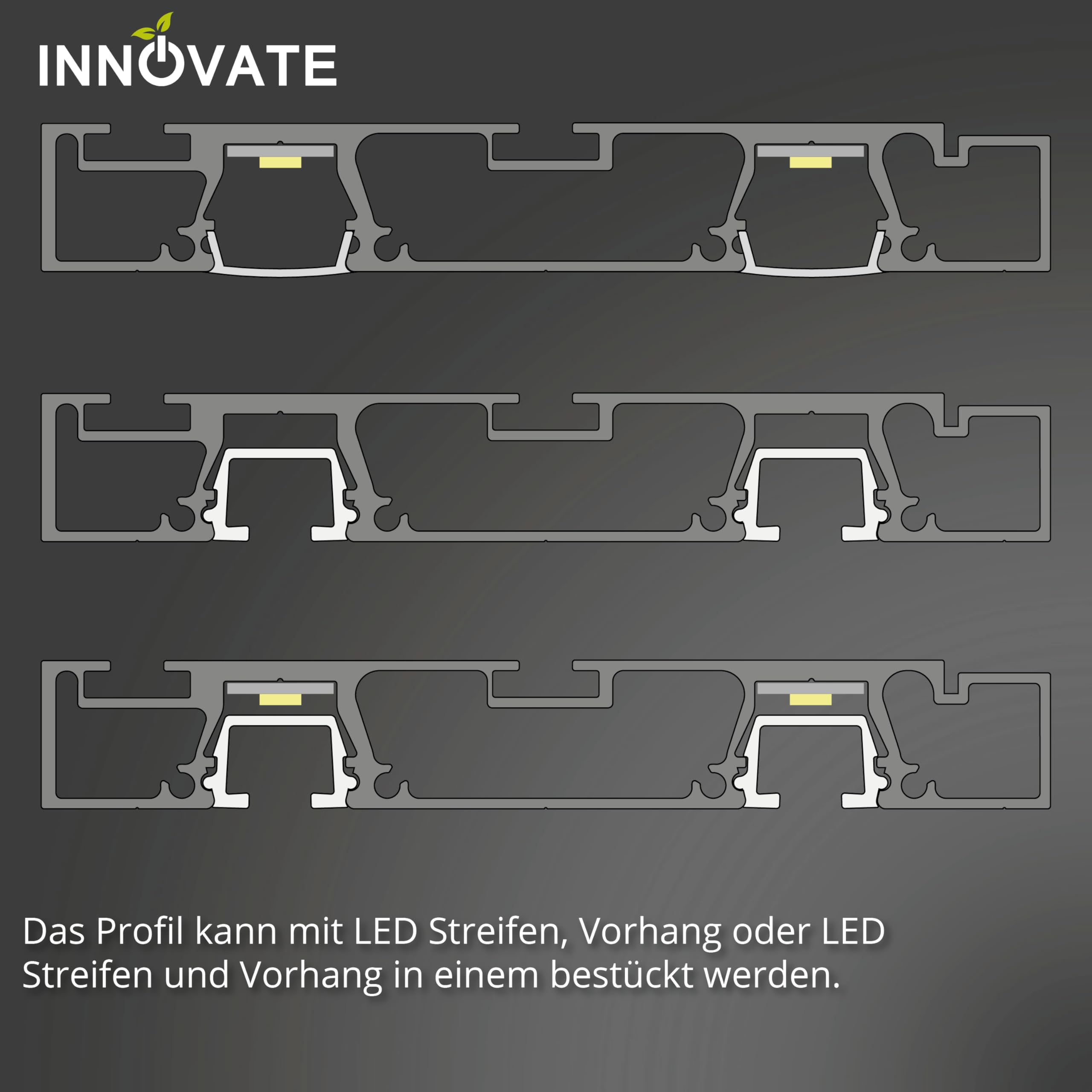 INNOVATE Gardinenschiene 2-läufig Alu Weiß 2m I Vorhangschiene 2-läufig | Gardinenstange Aluminium LED Streifen Gardinen 2000x95x14 mm I Vorhangstange Schiebegardinen Vorhänge Schiebevorhang Decke