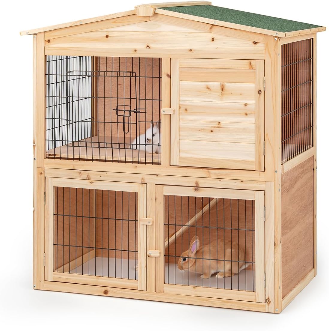 liontoWooden rabbit hutch on two levels with ramp, 98x54x100 cm, water-repellent bitumen roof & metal mesh, winter-proof rabbit hutch for outdoors with 4 entrances