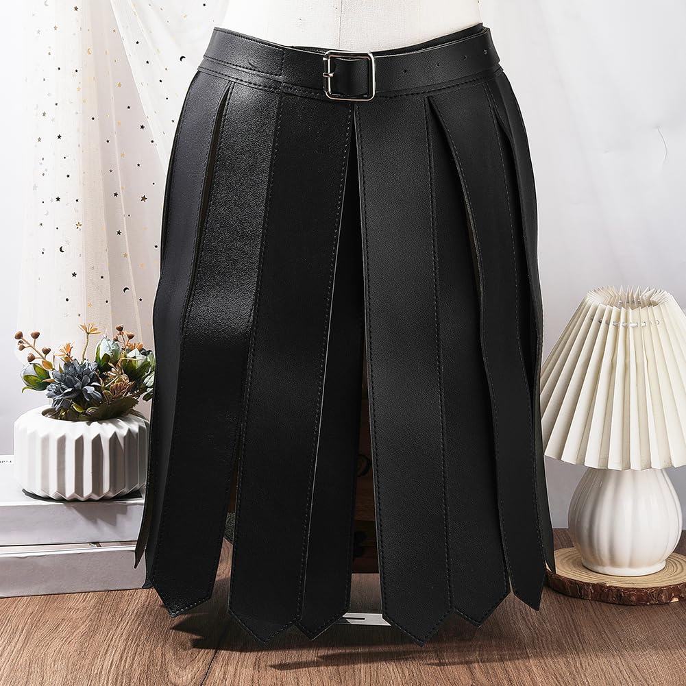GORGECRAFT Medieval PU Leather Tassel Skirt Black Roman Renaissance Viking Warrior Fringe Waist Belt Adjustable Knight Armor Apron Gladiator Kilt Straps Waistband for Men Women Halloween Cosplay - Image 3