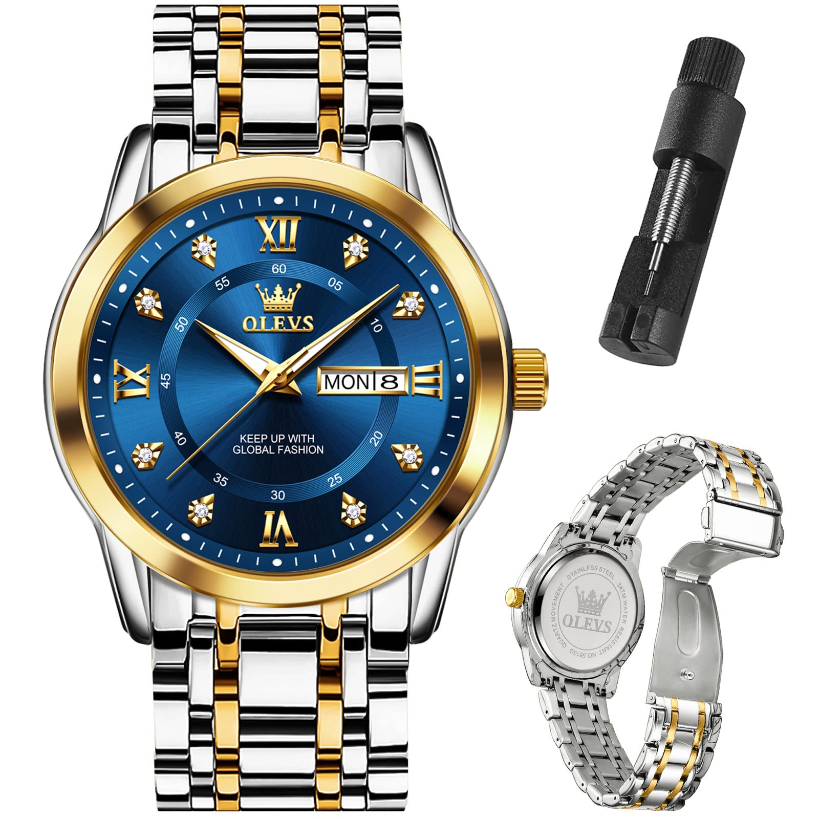 OLEVSMen's Luxury Watch Waterproof Luminous Easy Read Chronograph Watches Full Gold/White Dail/Black Face with Calendar Wristwatch