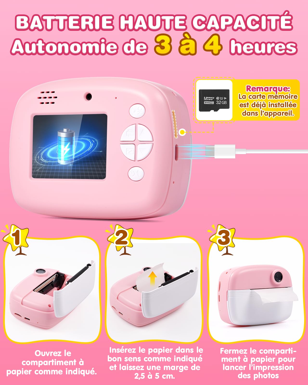 Lullu Appareil Photo Instantané Enfant, 48MP Imprimante Kid Camera 3-12 Ans | 1080P Antichoc, 32GB Carte, 4 Papier Impression, Numériques Thermique, Cadeau Jouet Noël Anniversaire pour Fille & Garcon