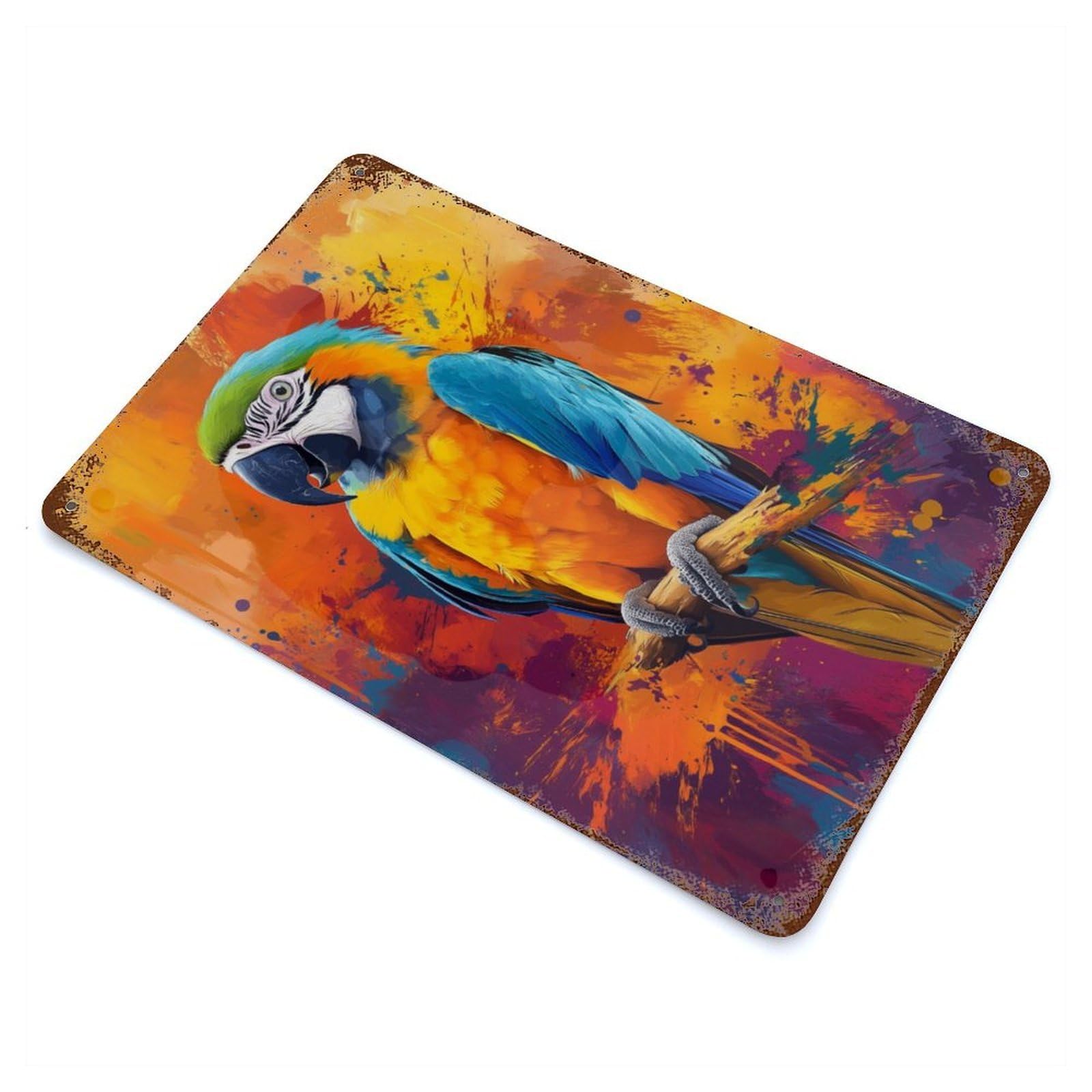 Distressed Metal Wall Sign Beautiful Parrot Painting 11.8"x7.9", Retro Wall Decor for Basement, Hobby Room And Garage Decor