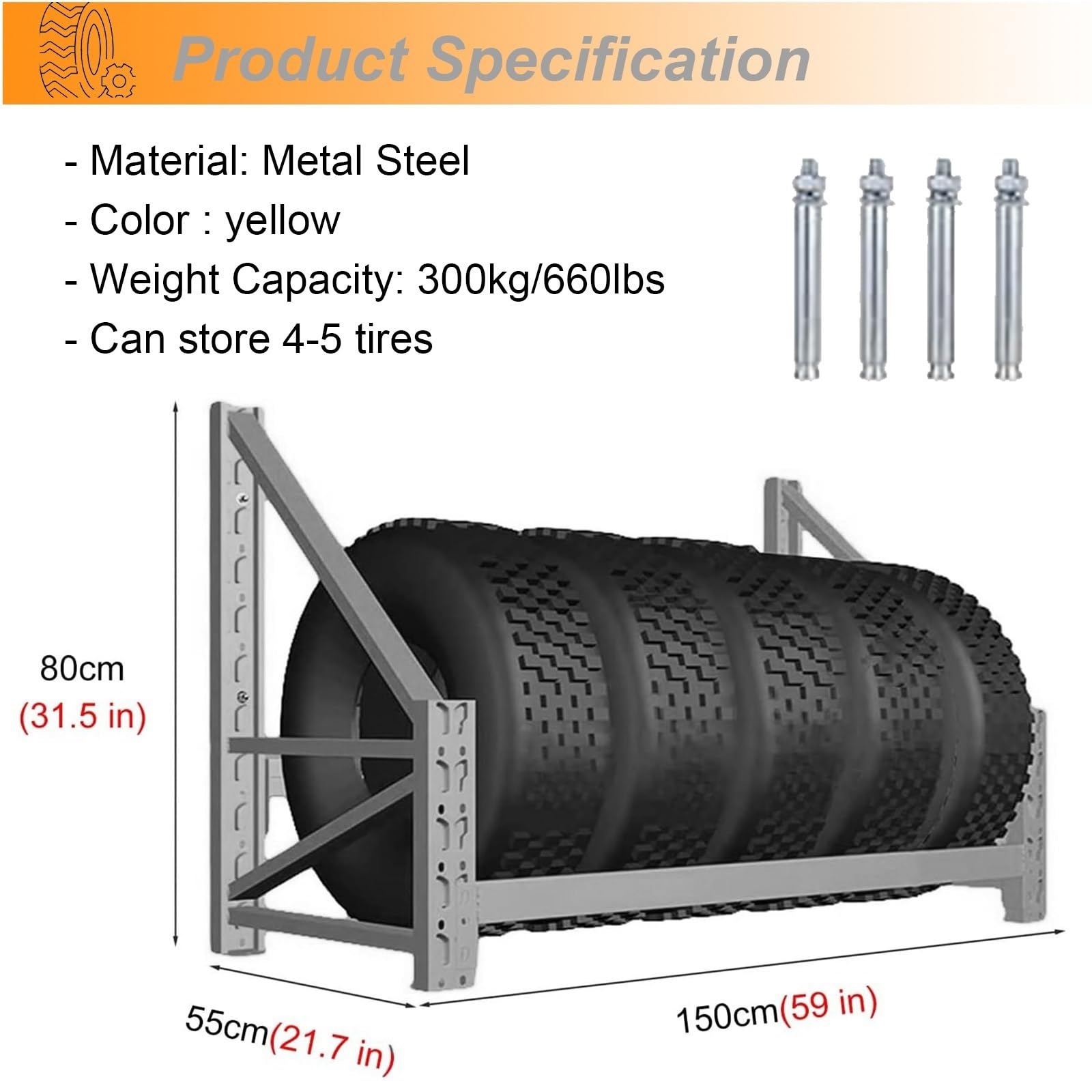 Generisch Robustes, wandmontiertes Reifenregal – 150 cm (59 Zoll) Reifenaufbewahrung für Garage, Garten, Lagerhalle und Autowerkstatt – Bietet Platz für 5 Reifen, langlebiger Blauer Reifenorganizer