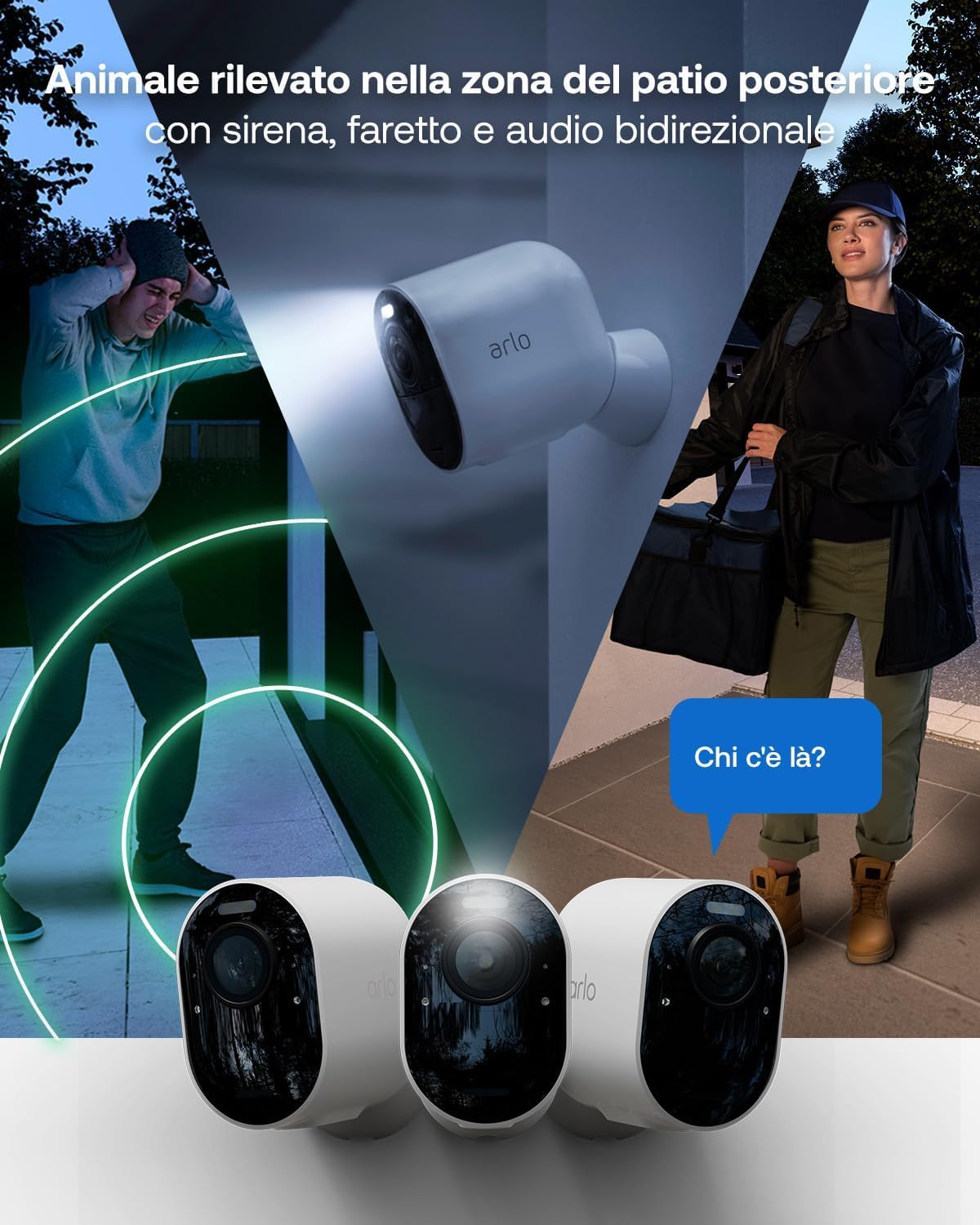 Arlo Pro 6 Telecamera WiFi Esterno Senza Fili, 2K+ HDR, Rilevamento AI, Visione Notturna a Colori, Compatibile con Alexa, Prova Inclusa Secure, 2 Telecamere + 2 Pannelli Solari