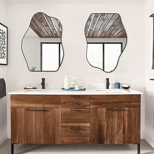 Miniatura 3 de POZINO Espejo asimétrico, espejo irregular negro, espejo único en forma de nube Morden para sala de estar, baño, dormitorio, entrada, decoración del