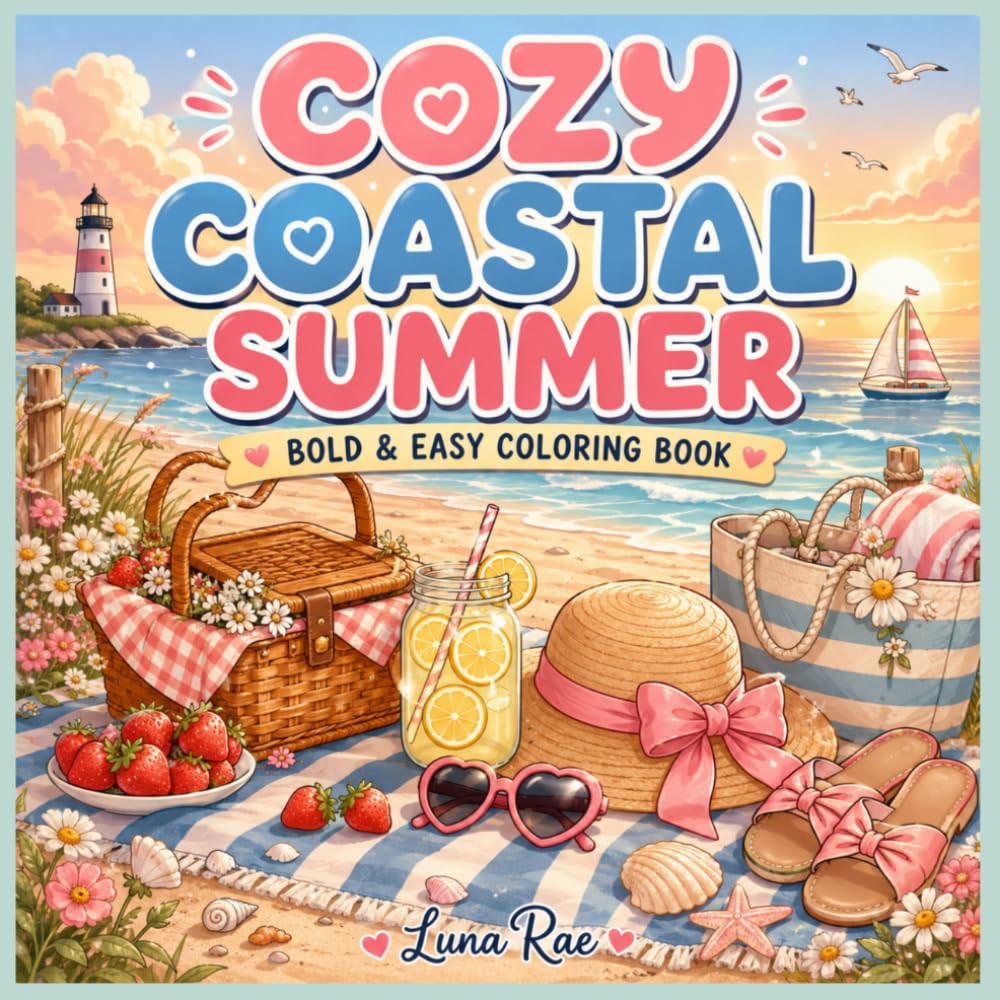 COZY COASTAL SUMMER: Bold & Easy Coloring Book for Adults and Teens Featuring Relaxing Beach Scenes, Cute Coastal Life, Cozy Vacation Vibes, and Stress Relief (Sunny & Cozy Coloring Books)