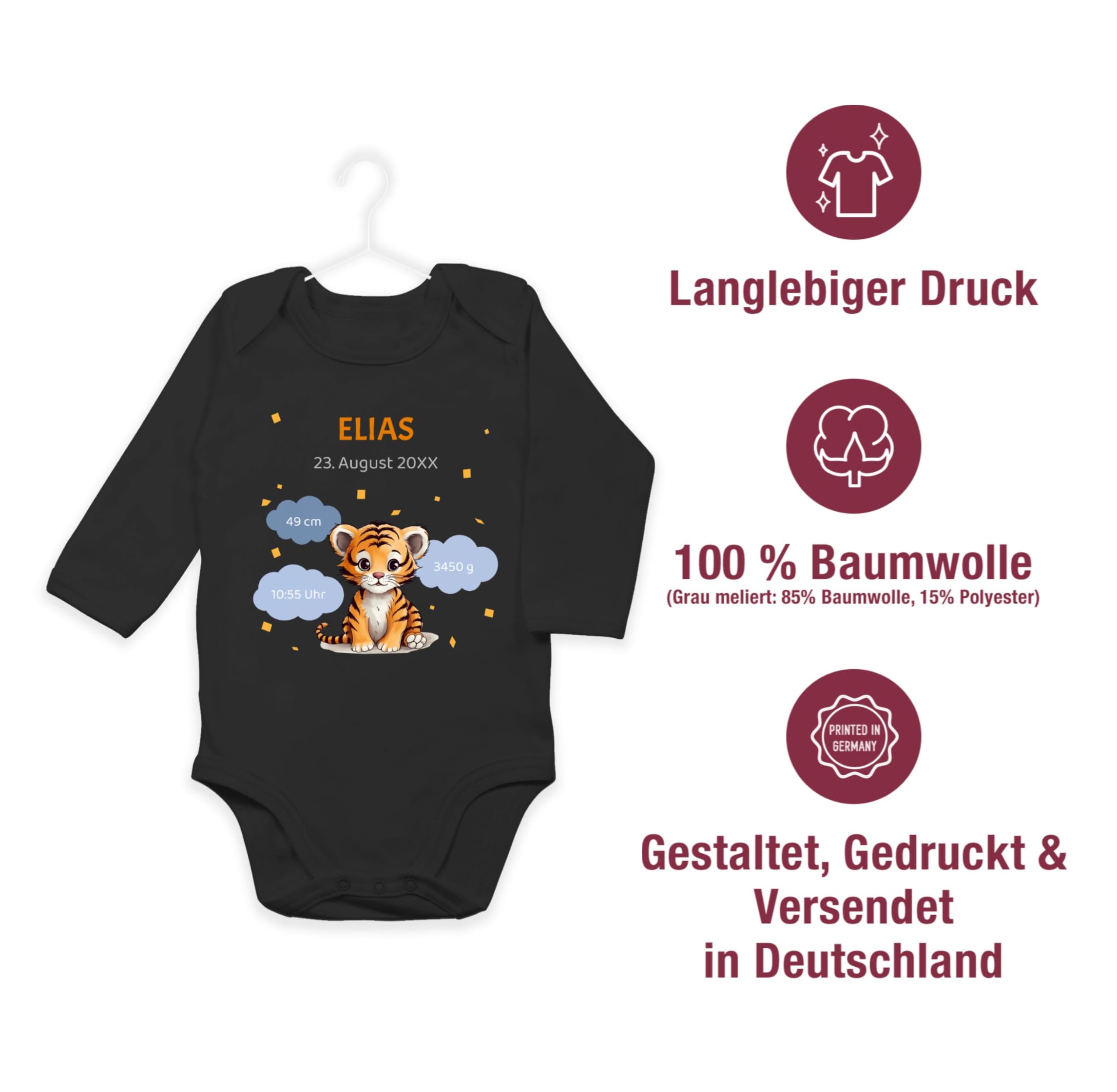 Geschenk mit Namen personalisiert by Shirtracer - Baby Body langarm Mädchen Junge - Geschenk personalisiert mit Geburtsdaten I Geschenke zur Geburt Daten
