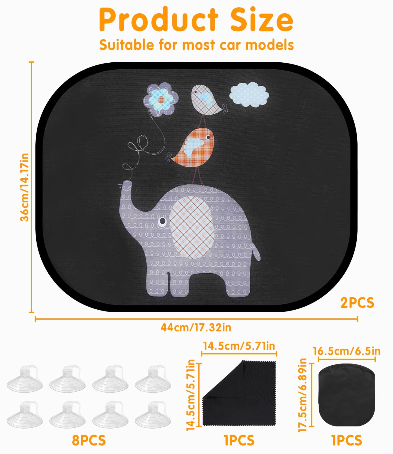 Osłona przeciwsłoneczna Baby Car z ochroną UV(zestaw 2 szt.), 44x36cm Osłona przeciwsłoneczna dla dzieci z 8 przyssawkami, Przeciwsłoneczna Boczne okno samochodu z uroczymi motywami zwierzęcymi