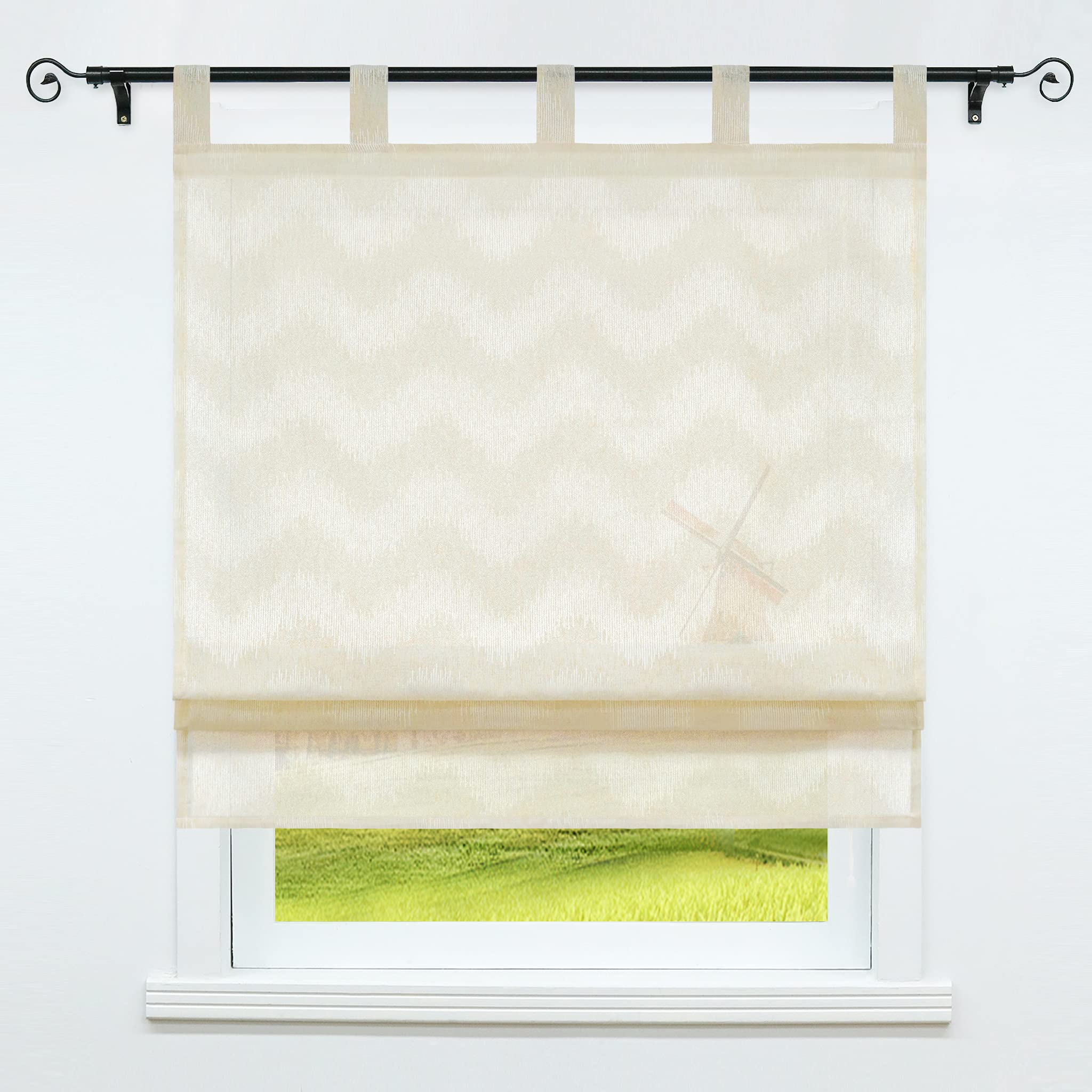 Raffrollo mit Schlaufen halbtransparente Raffgardine Landhaus Küche Gardinen Leinen Schlaufenrollo Wohnzimmer Schals Welle-Raffrollos Mordern Beige BxH 140x140cm 1 Stück