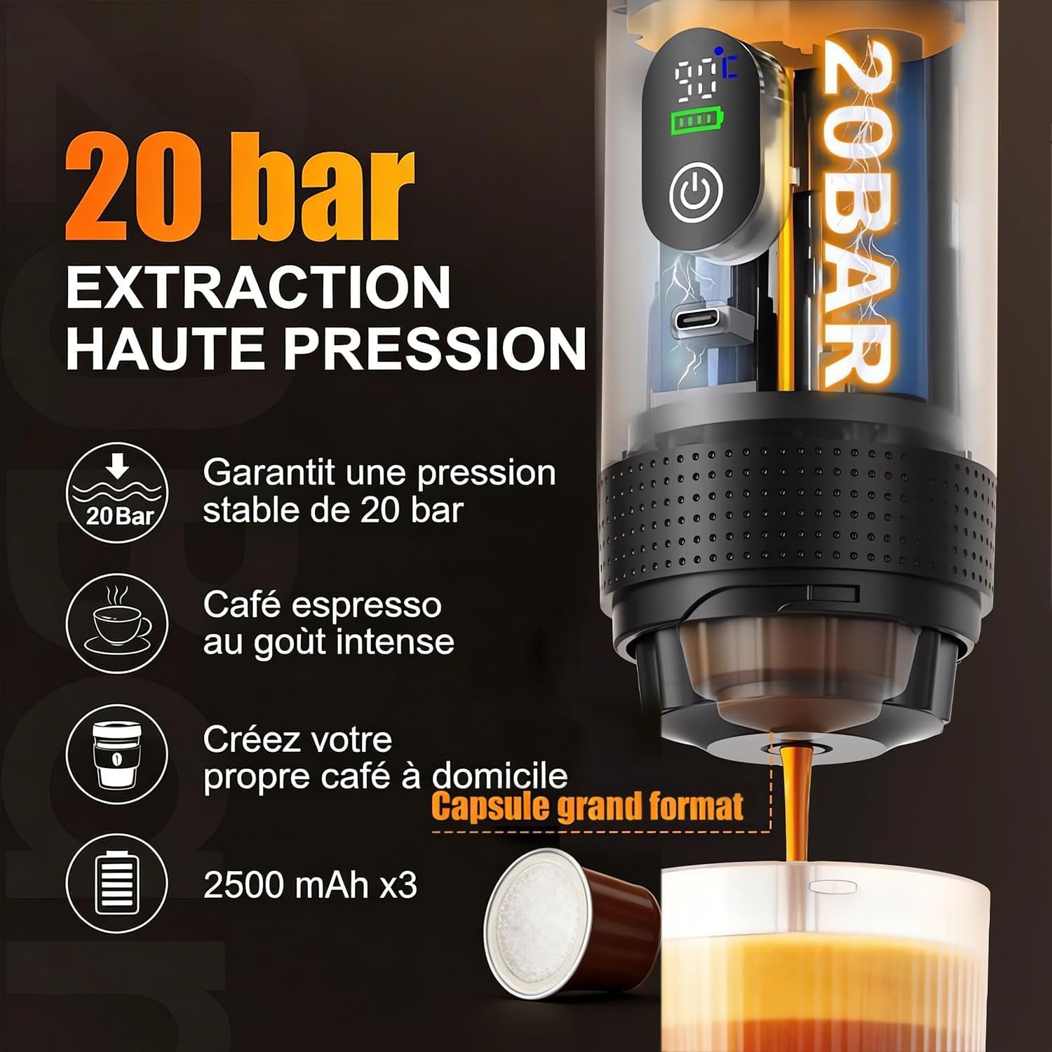 Machine à café électrique portable,Cafetière portable 3-en-1 avec auto-chauffage,Port de chargeur USB-C,Cafetière avec café moulu et capsule NS pour RV, camping, randonnée, bureau