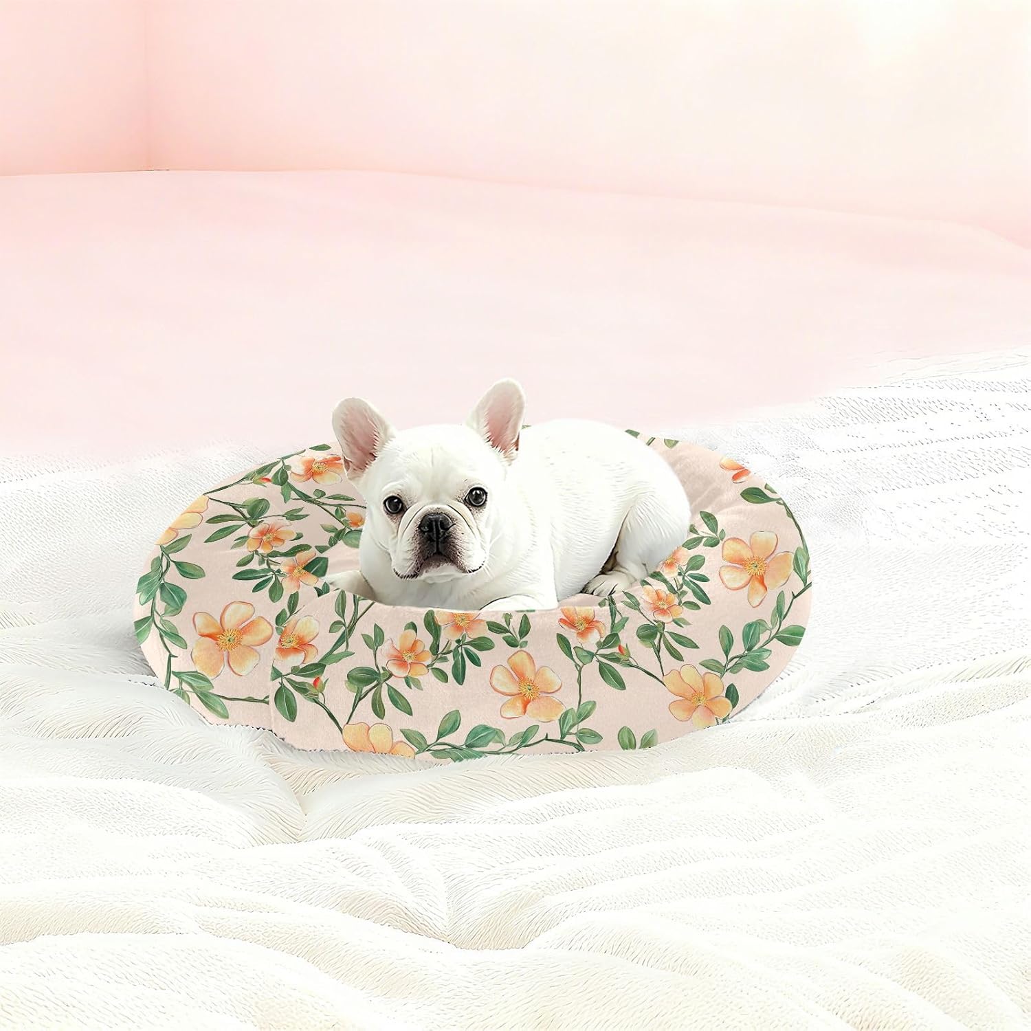 Pet Dog Bed Warm & Soft Fluffy Cat Pillow Bed for Small Size Pets Sleeping M Chic Portulaca Grandiflora Peach