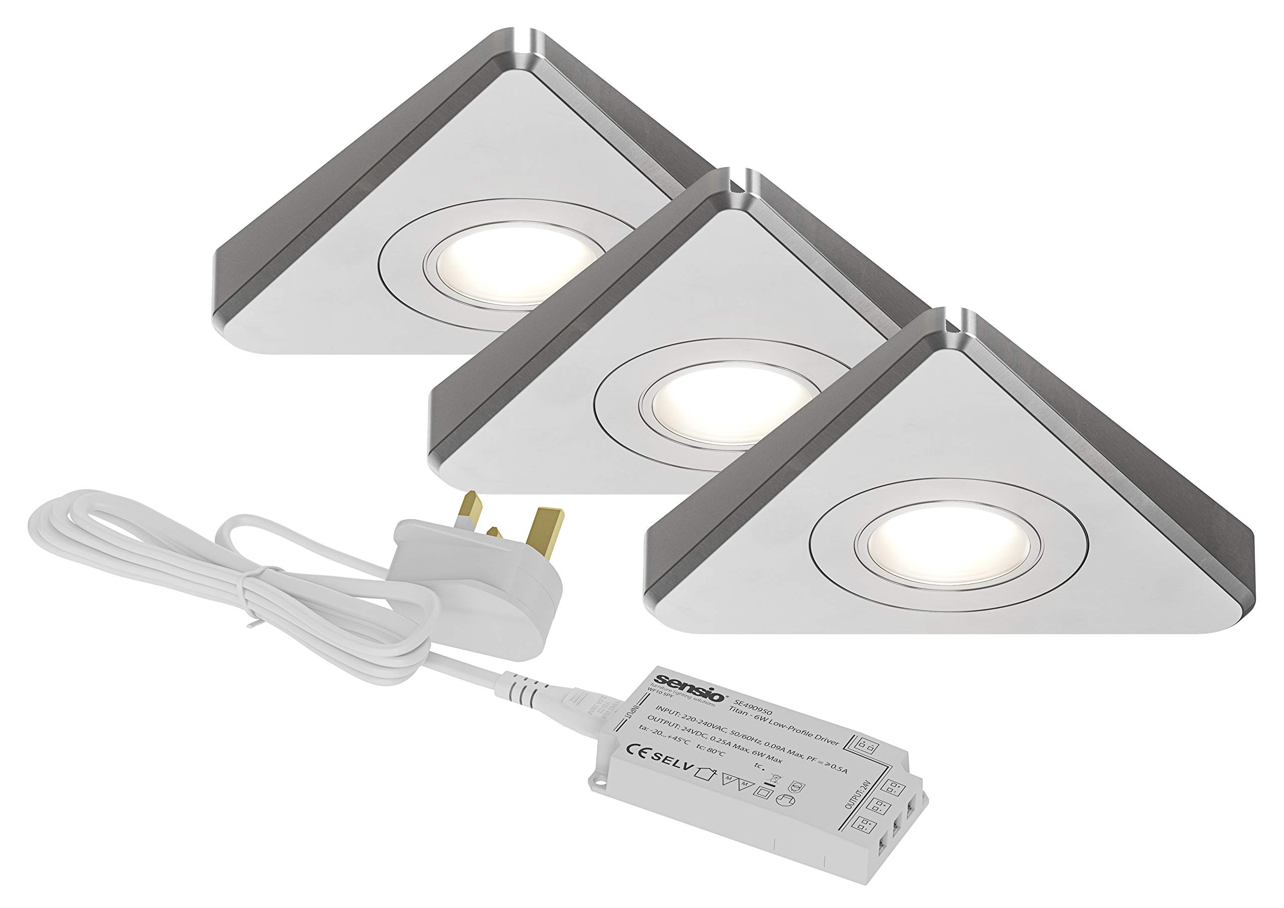 Treos - Slim Triangle Under Cabinet Light - 3 Light Kit Inc LED Driver with Plug - Natural White, Silver