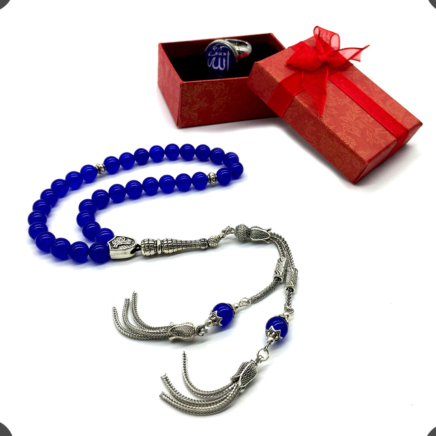 ALBATROSART -Blue Agate Stone -8mm -33 Beads - Worry Beads with Matching Stretch Ring - Elastic Ring with Replaceable Snap Button -Tesbih-Tasbih-Misbaha-Subha-Sibha-Rosary