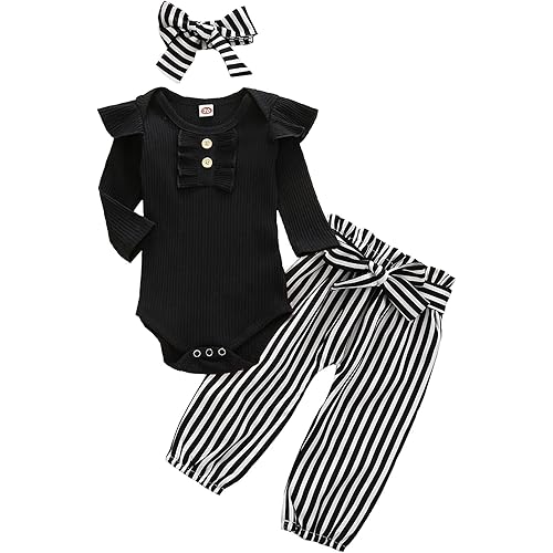 Newborn Baby Girl Clothes Ribbed Ruffled Romper+Striped/Cow/Leopard Flared Pants Infant Outifts 0-18 Months