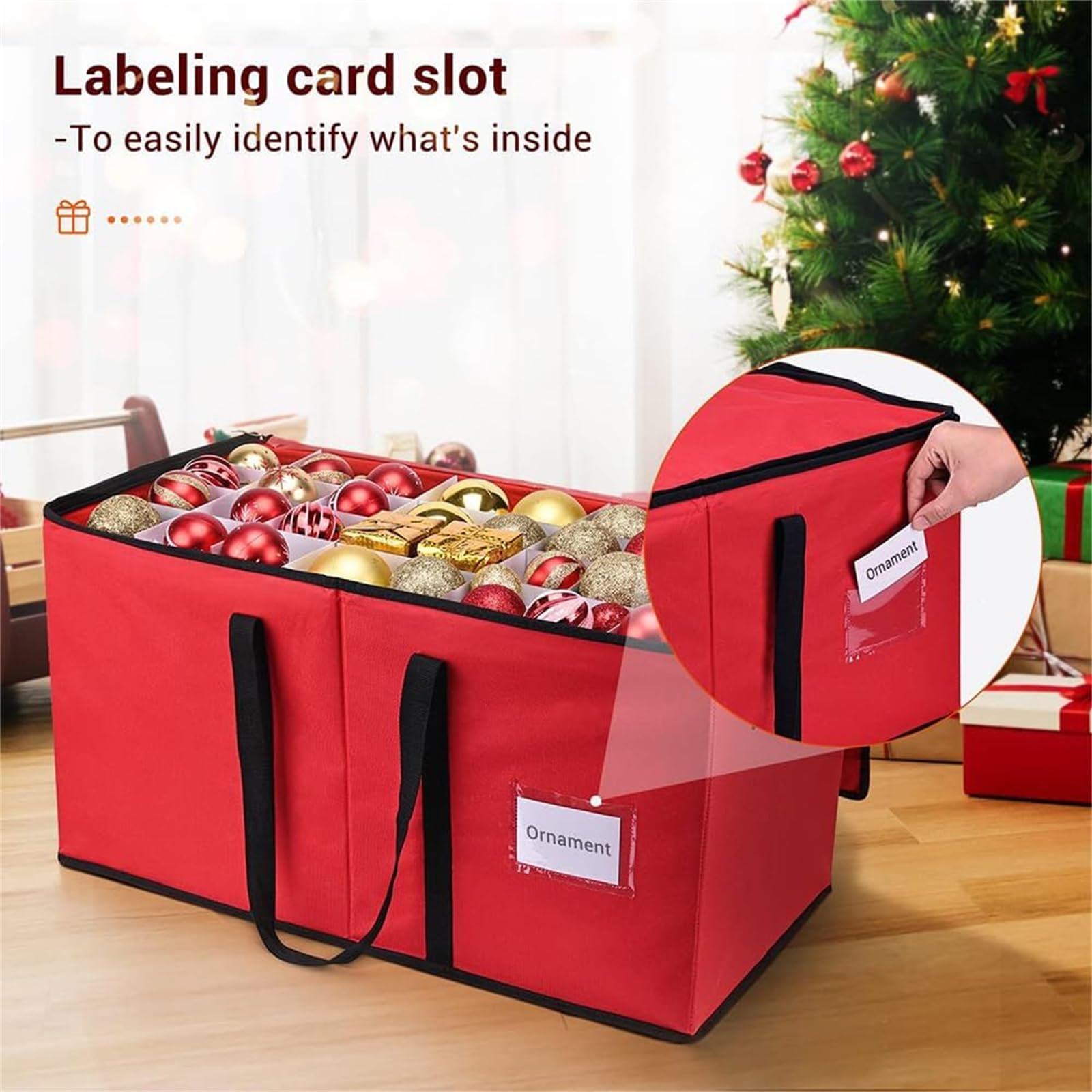 Highdi Weihnachtskugeln Aufbewahrung mit Verstellbaren Trennwänden, 128 Fächer Aufbewahrungsbox für Christbaumschmuck Faltbar mit Deckel Behälter für Urlaub und Zubehör (Rot,66 * 33 * 34cm)