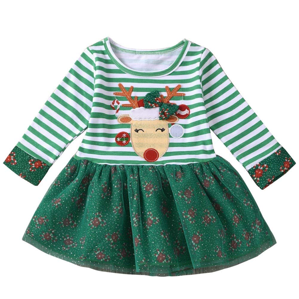 FANCYINN Vestido de Fiesta de Navidad para niñas pequeñas Vestido de Tul tutú con Estampado de Rayas de Dibujos Animados de Ciervos navideños