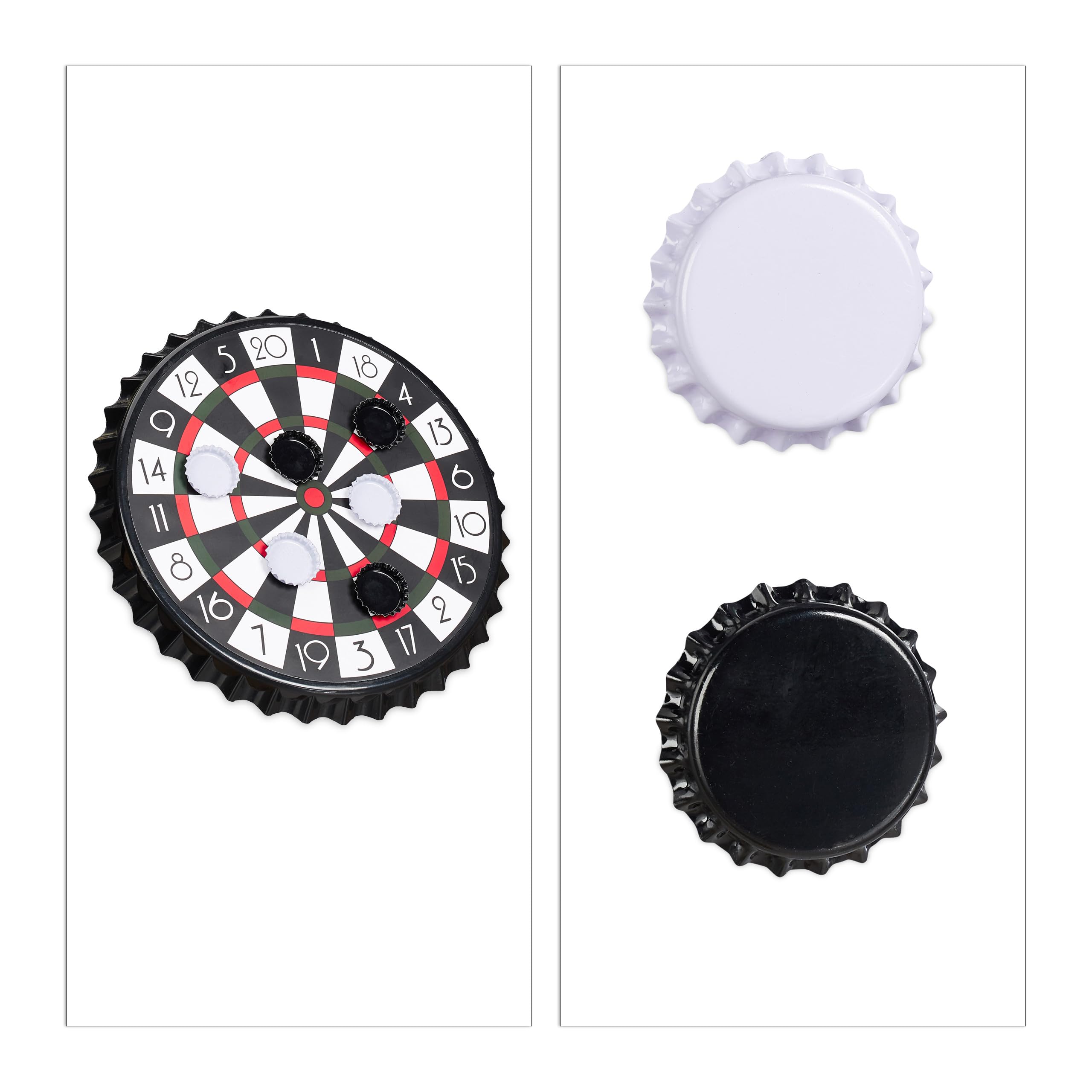 Relaxdays Jeu de fléchettes à capsules, cible magnétique, soirée, à boire, avec 6 pièces, diamètre de 25 cm, noir