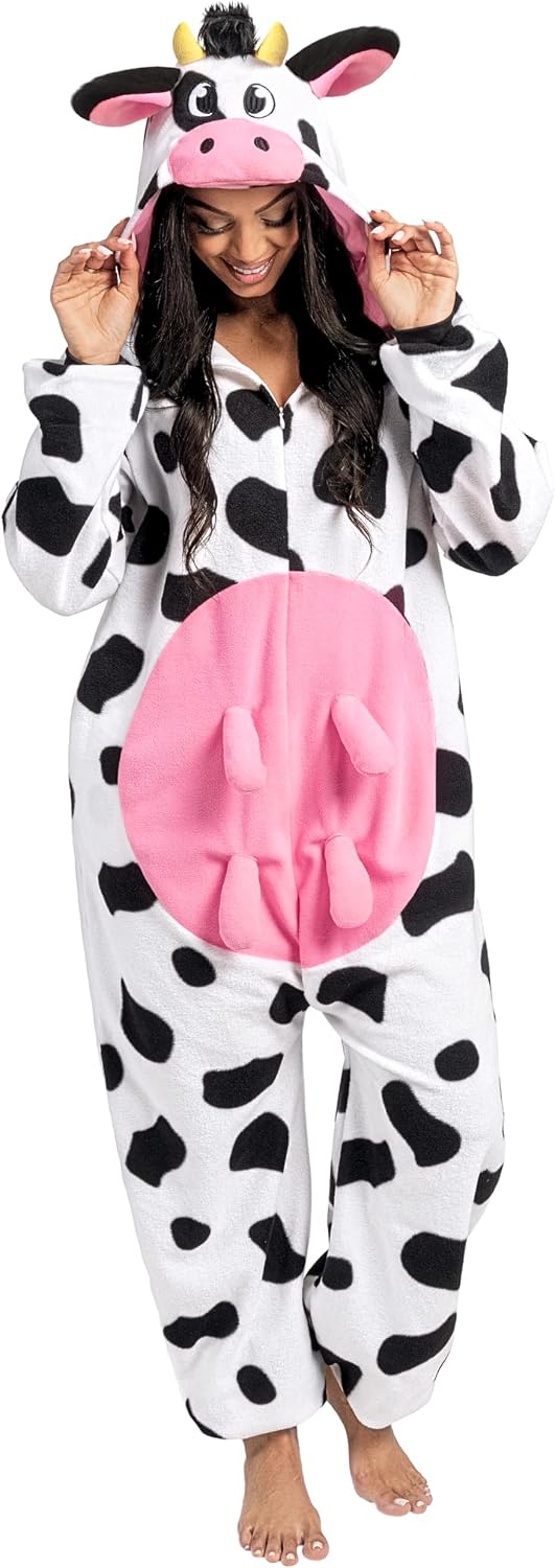 Spooktacular Creations Cow Pajamas, Plush Cow Costume Hooded, Halloween Costume Sleepwear for Cosplay Themed Parties
