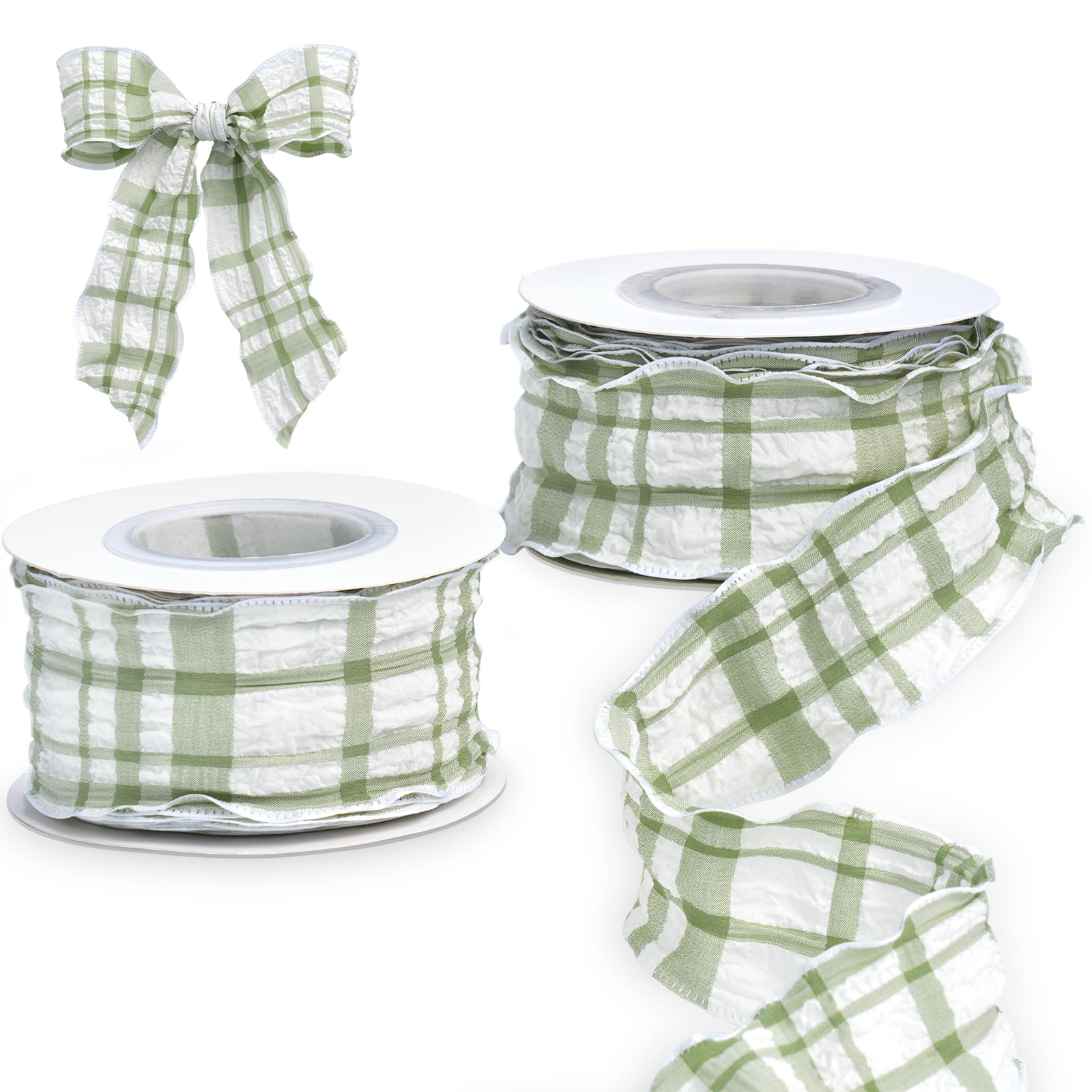 FAKILO Sage Green Gingham Ribbon 38mm x 2 Rolls Total 18.2m Sage Green and White Buffalo Plaid Ribbon with Ruffled Edge Checkered Ribbons for Gift Wrapping DIY Crafts Wedding Decor