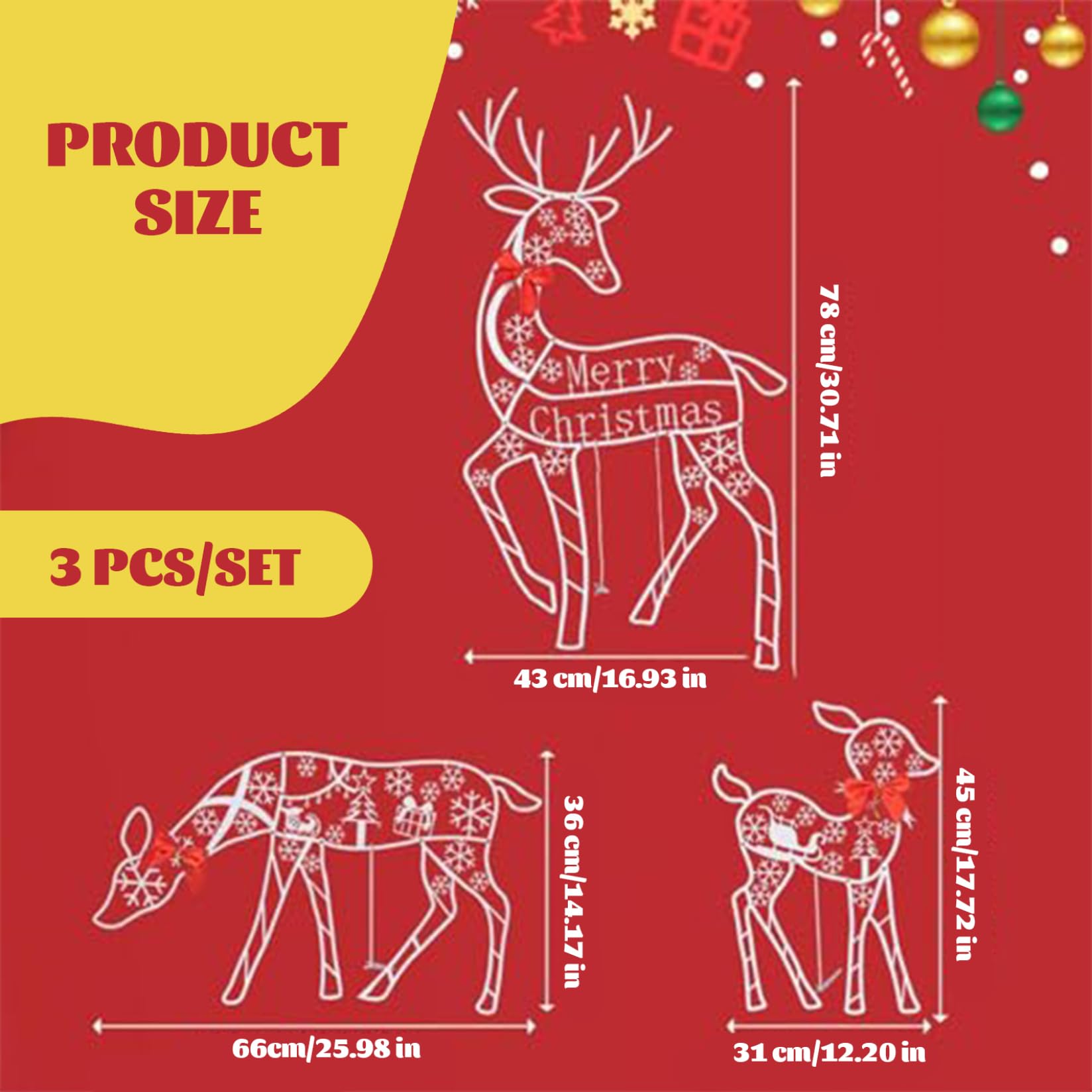 Décoration de Noël en Forme de Renne, Ensemble 3 Rennes Lumineux, Motif Flocon Neige, décoration Noël avec nœud en métal, alimenté par Batterie, LED Blanc Chaud pour intérieur e