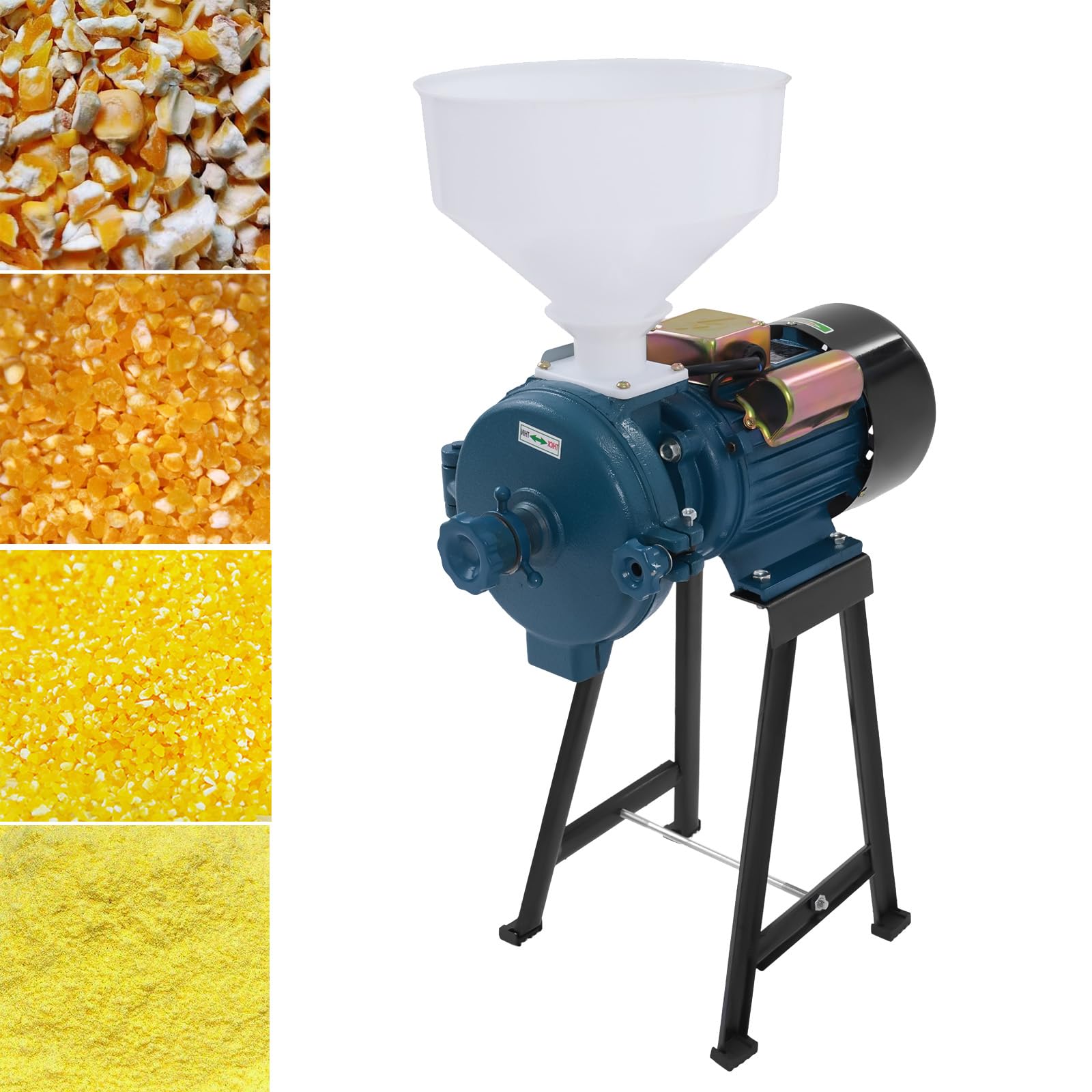 Mulino Elettrico Grano,Macina a Secco con Imbuto,Macinino Trituratore Smerigliatrice per cereali Commerciale Meccanico Elettrica può Riso Soia Sorgo e Mais 50-75kg/h(Blu)