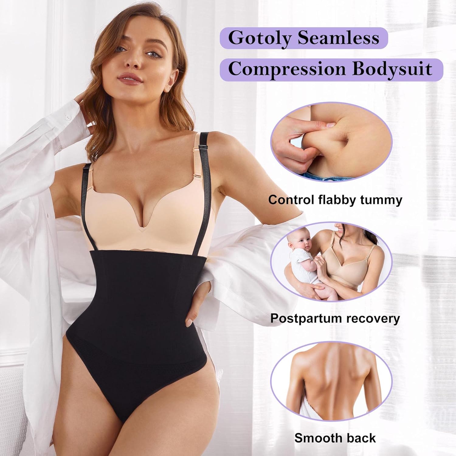 Vista 4 de Gotoly Tanga para mujer, entrenador de cintura, control de abdomen, cintura alta, levantamiento de glúteos, faja moldeadora para mujer