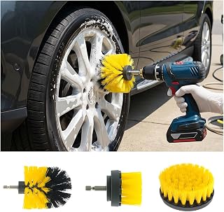 3PCS Car Drill Brush Attachment Set, Vehicle Power Scrub Drill Cleaning Brush Set with Extended Long Rod, Auto Drilling Detailing Scrubber Attachment, Universal Fit (Yellow)