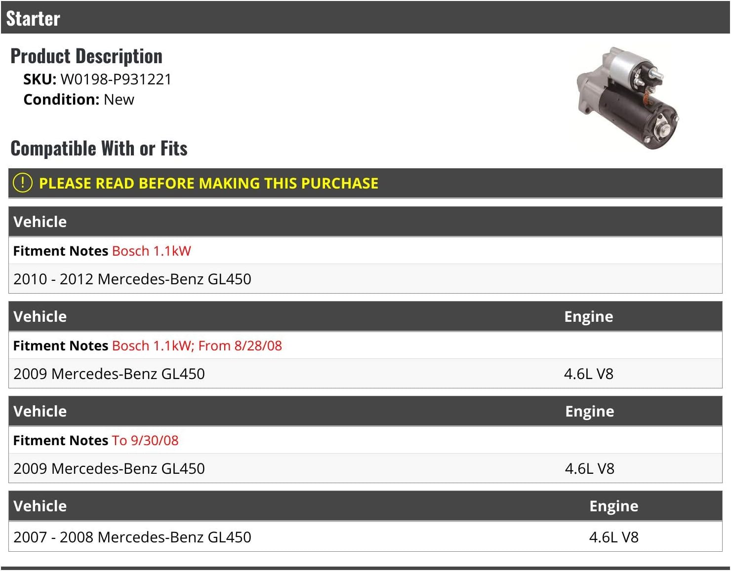 Starter - 1100W Cranking Motor for 2007-2012 Mercedes-Benz GL450