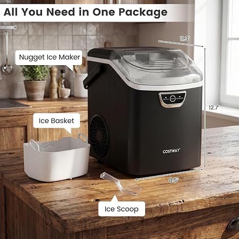 COSTWAY Nugget Ice Maker Countertop with Handle, 33Lbs/24H Chewable Ice