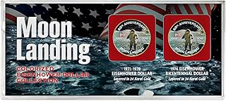 Moon Landing Eisenhower and Bicentennial Dollar Coin Set Layered in Gold| 50th Anniversary Special Edition |Certificate of Authenticity |Two Colorized 24 KT Gold Layered US Coins