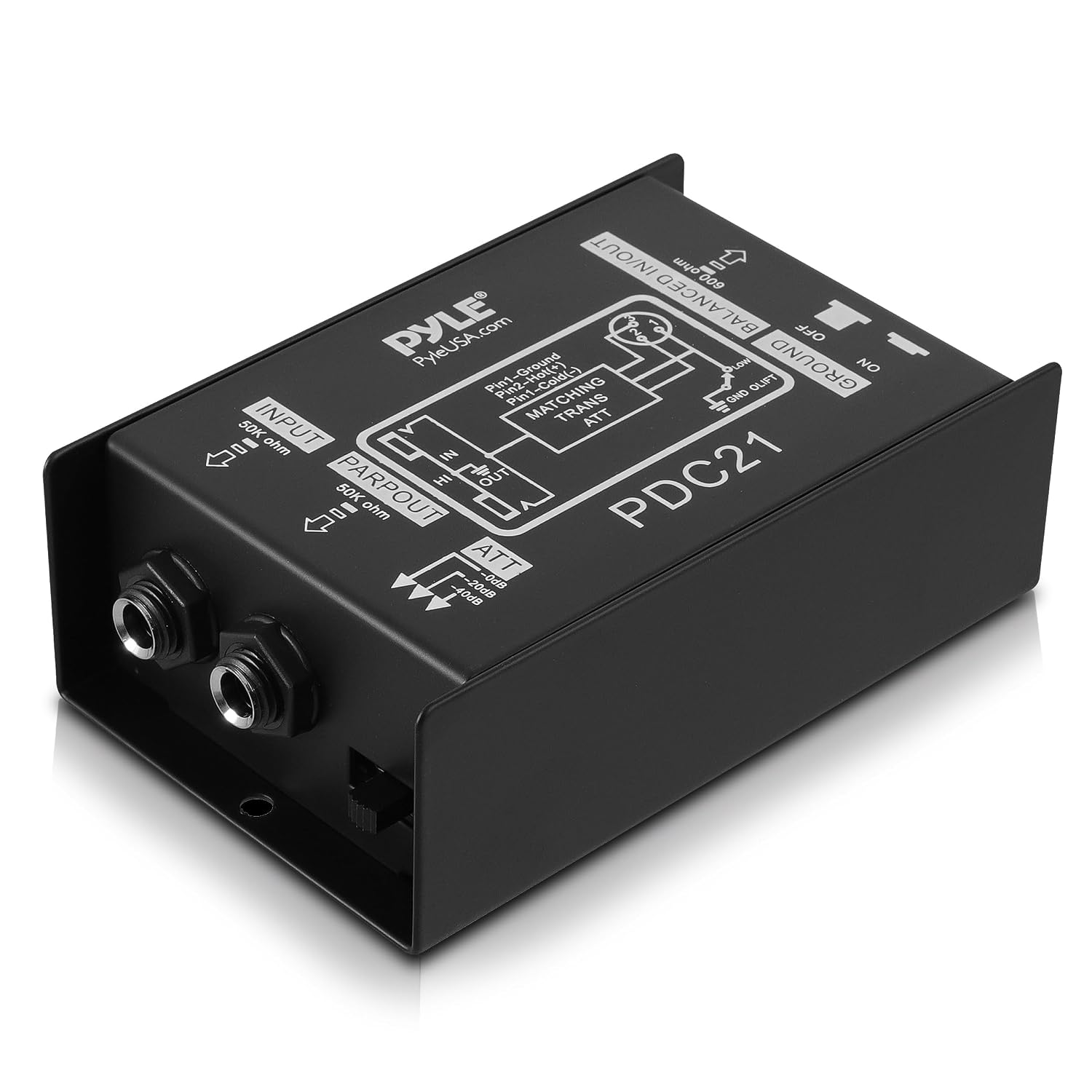 Premium Direct Injection Audio Box - Passive DI Unit Hum Eliminator w/Input Attenuator to Connect Guitar & Bass, 1/4'' Impedance Transformer Connector to Balanced & Unbalanced XLR, Black - Pyle PDC21