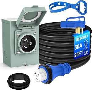 BEBOBLY 50 Amp Power Inlet Box and 25FT Generator Cord, 125V/250V Emergency Power Kit, NEMA 3R Generator Plug, NEMA14-50P/SS2-50R RV Power Extension Cord, Twist Lock