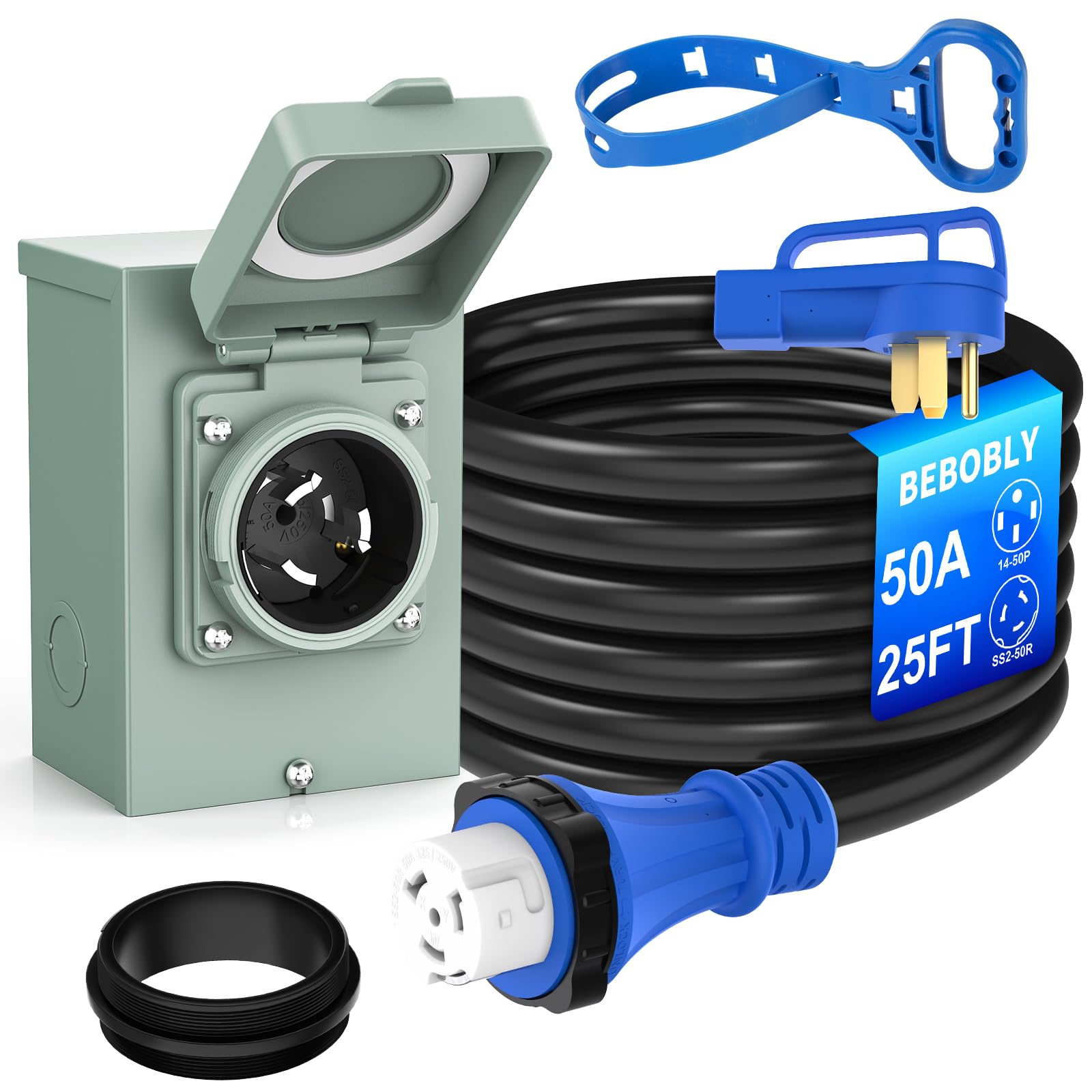 BEBOBLY 50 Amp Power Inlet Box and 25FT Generator Cord, 125V/250V Emergency Power Combo Kit, NEMA 3R Generator Plug, NEMA14-50P/SS2-50R RV Power Extension Cord, Twist Lock
