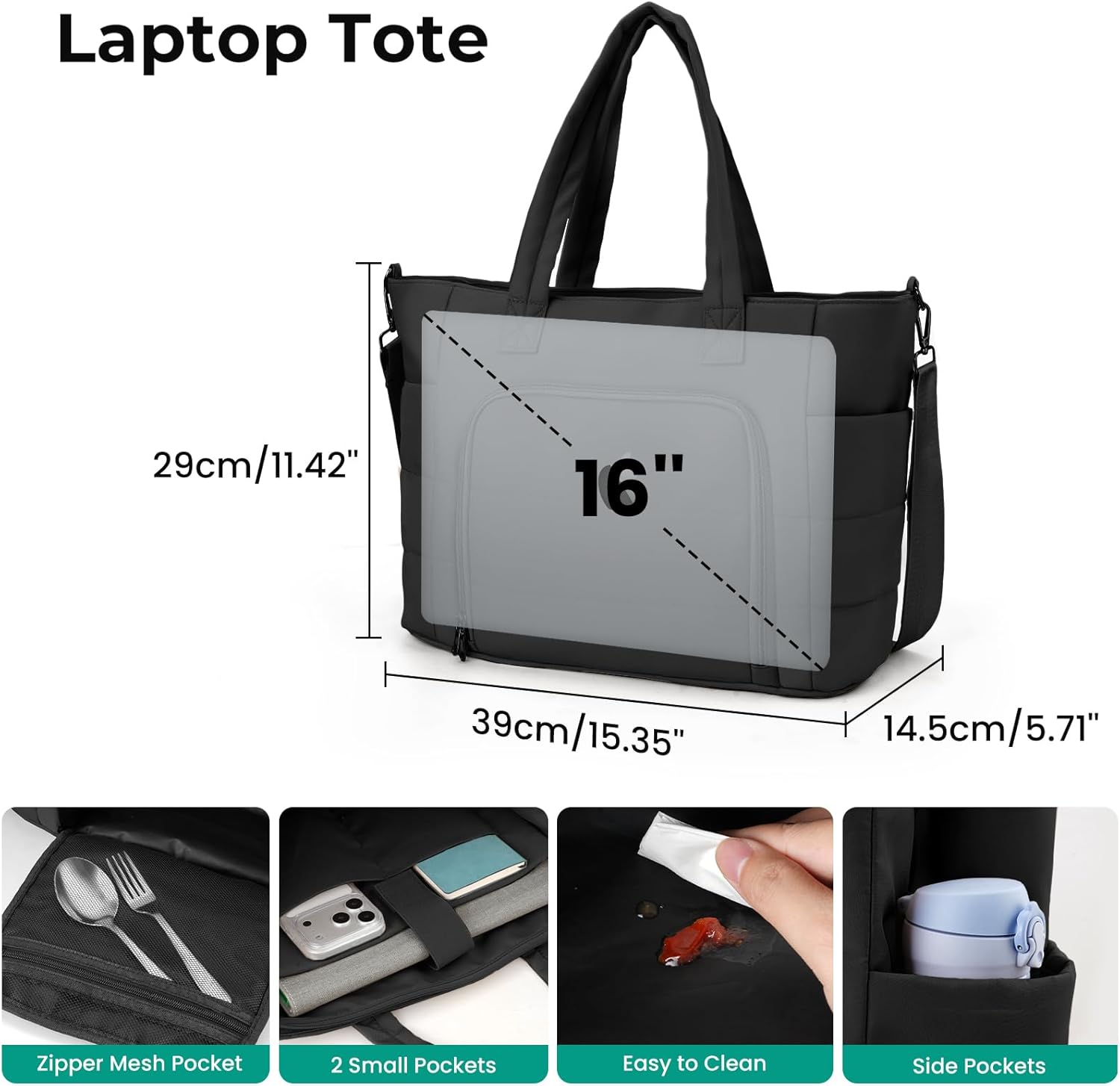 Dadanism Lunch Tote Bag for Women, 15.6 Inch Puffy Laptop Bag with Insulated Lunch Compartment, Quilted Large Capacity Computer Handbag with Purse for Business, Work, Office, Collage, Casual, Black - Image 4