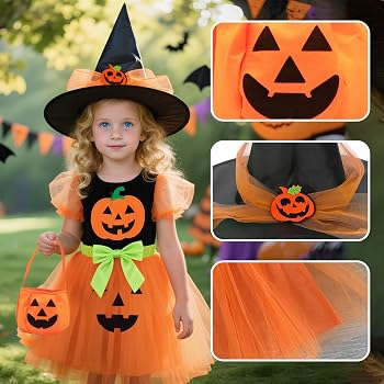 Costume Da Strecca Per Bambina, Set 4 Pezzi: Cappello, Scopa, Gonna In Tulle E Borsa A Zucca, Per Halloween E Carnevale