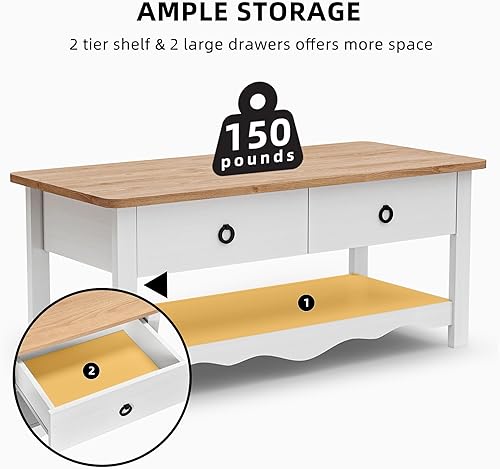 Miniatura 3 de DWVO Mesa de centro rústica, mesas de centro rectangulares con estante de almacenamiento y cajones, mesa de centro de mesa de madera natural para