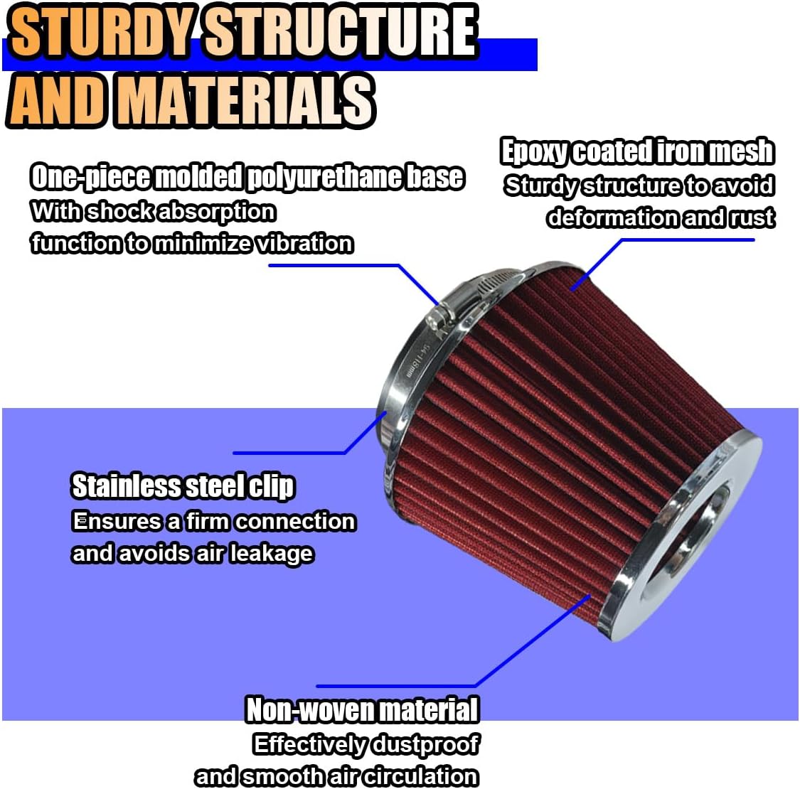 Universal Clamp-On Air Intake Filter, High Flow Closed-Top Cool Air Filter Cleaner, 76 89 102MM Performance Round Tapered Cone Air Filters, Washable Replacement Filter for Car Truck (Red)