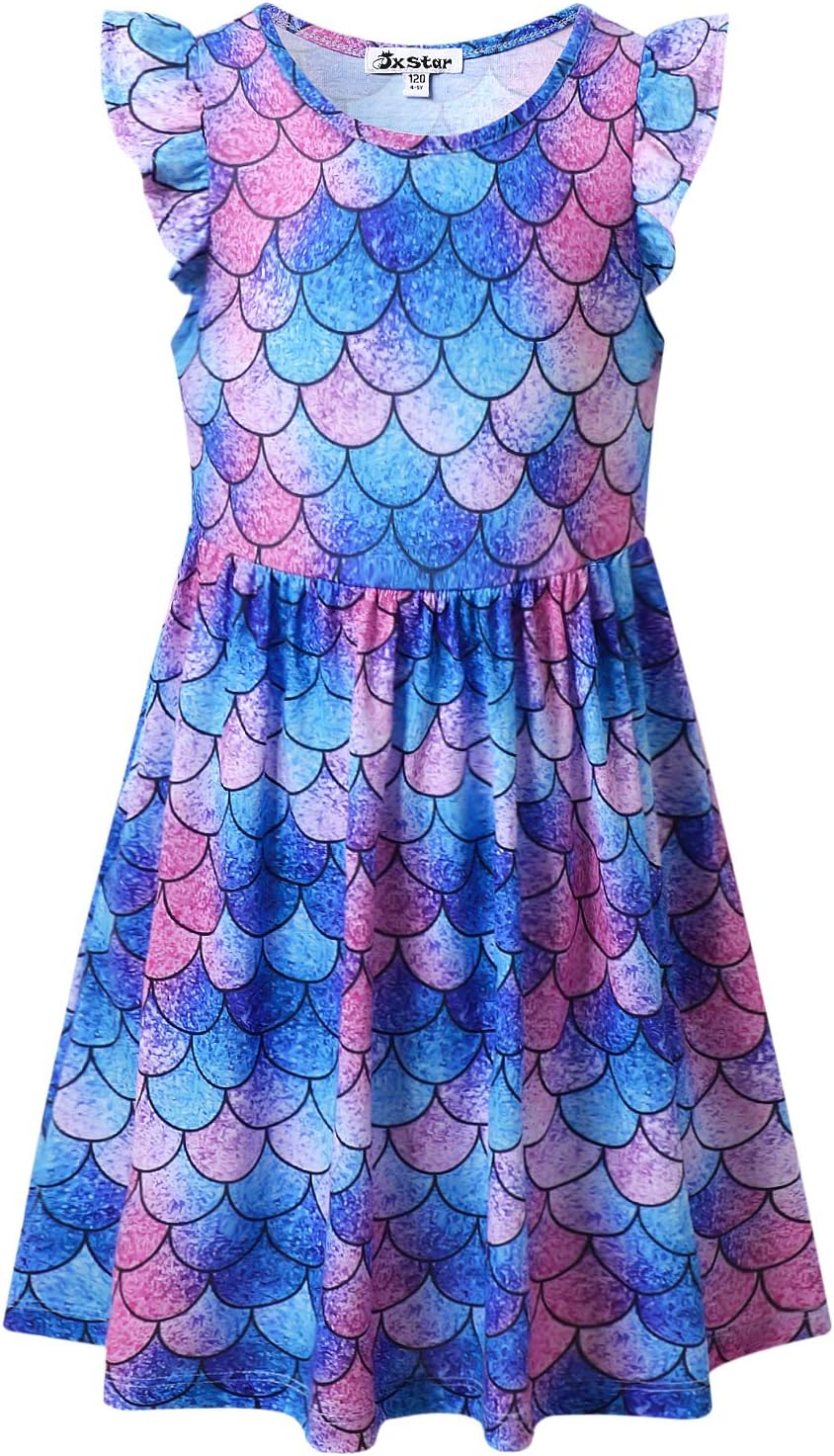 Girls Flutter Sleeve Unicorn Mermaid Dresses Summer Party Beach Hawaiian Clothes